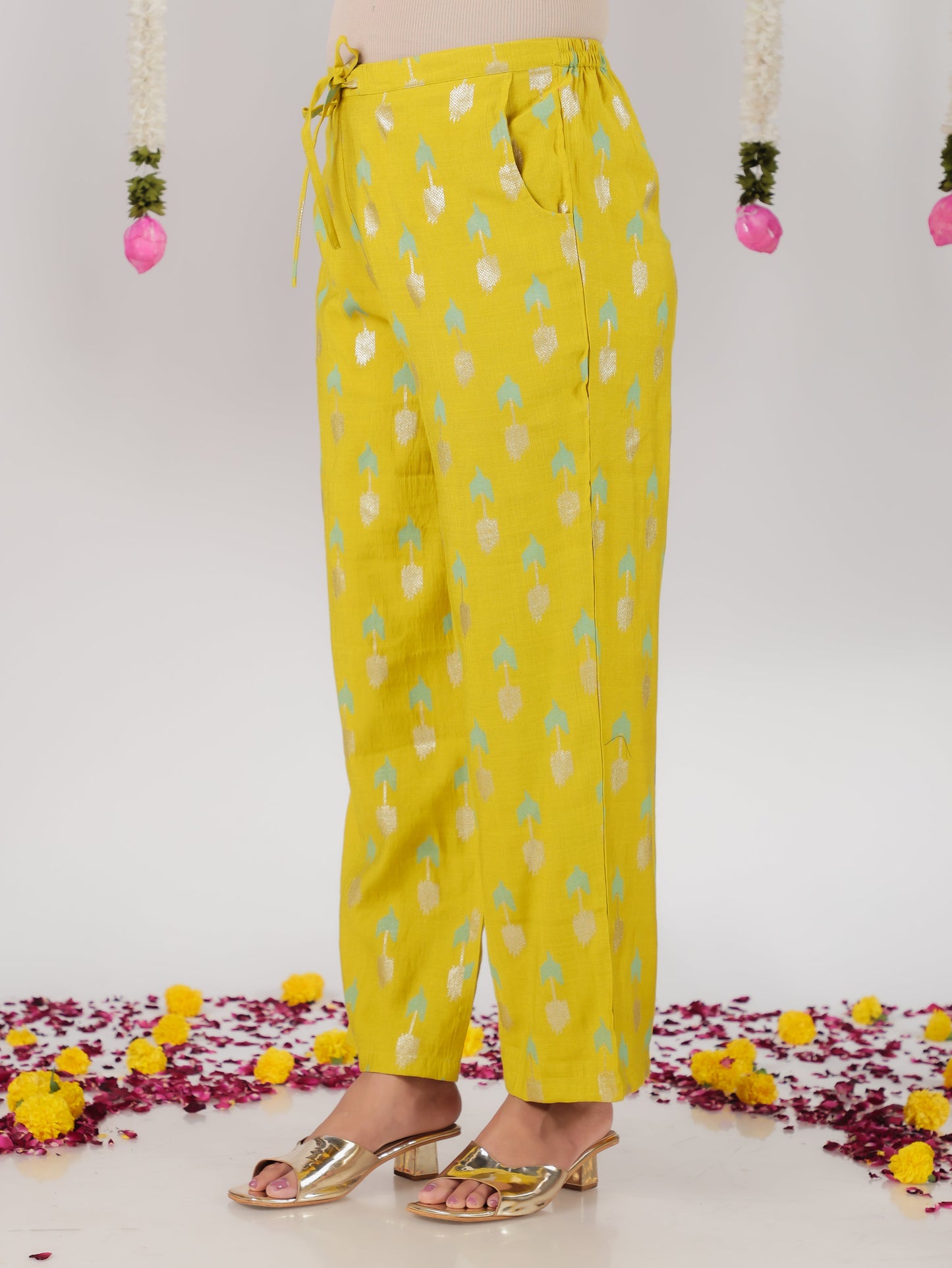 Chanderi Geometric Lime Green Straight Trousers