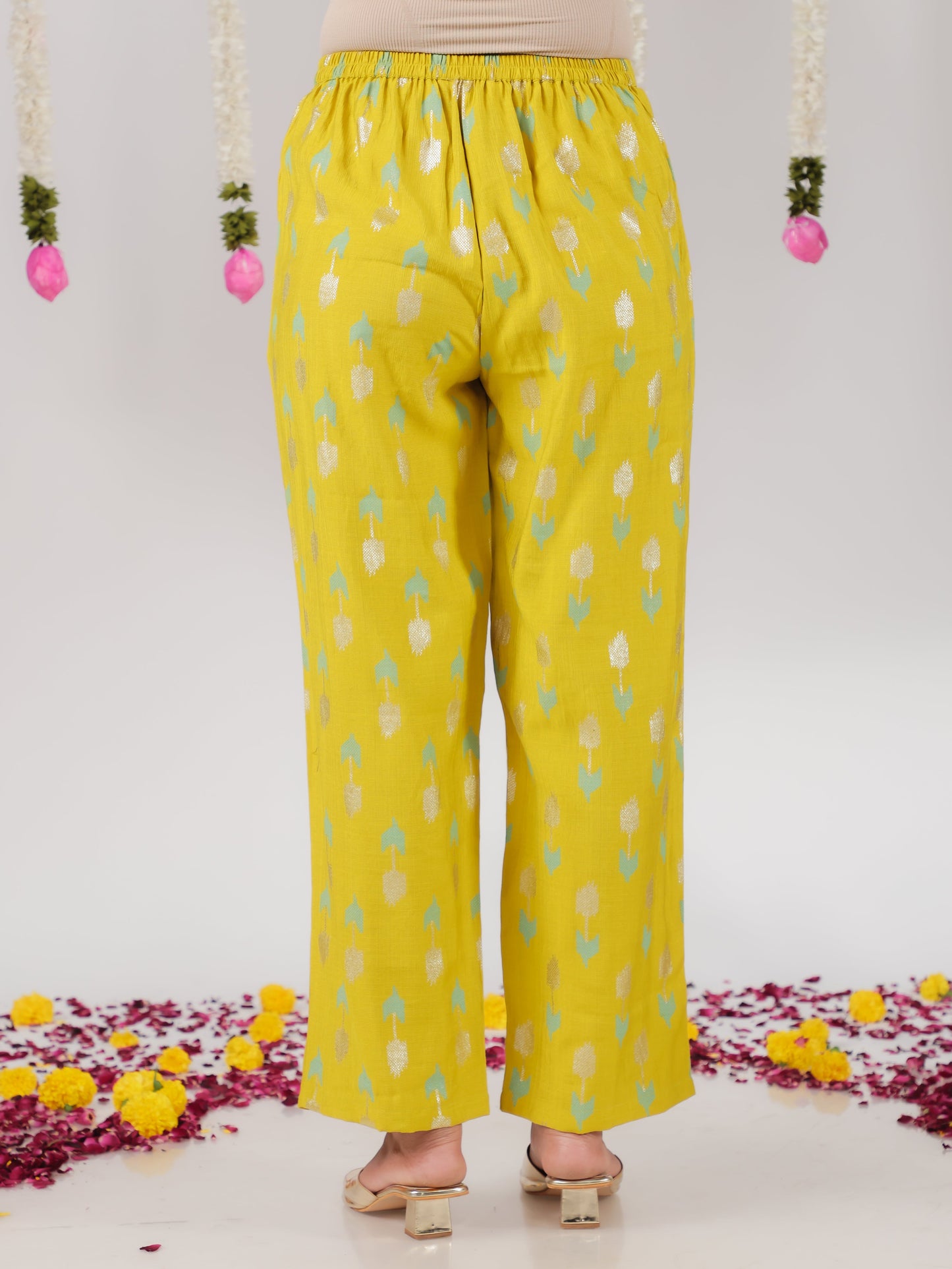Chanderi Geometric Lime Green Straight Trousers