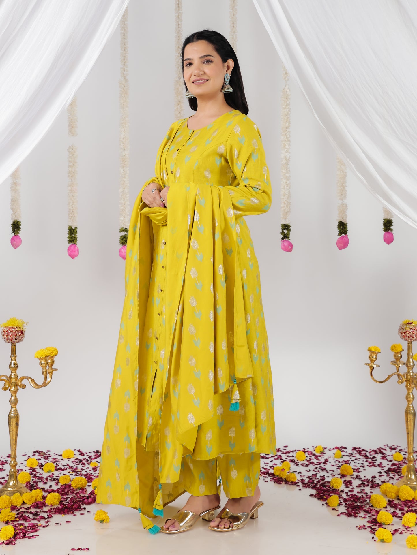 Chanderi Geometric Lime Green Dupatta