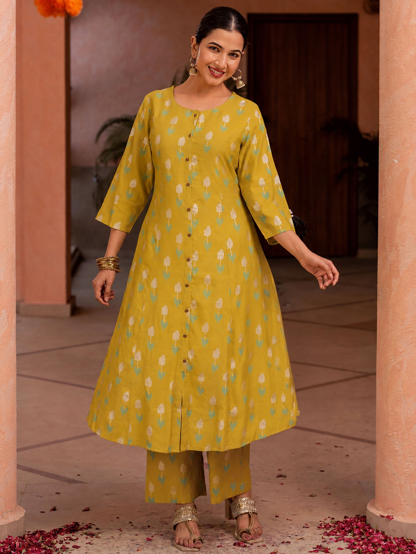 Roman Silk Geometric A-line Lime Green Kurta