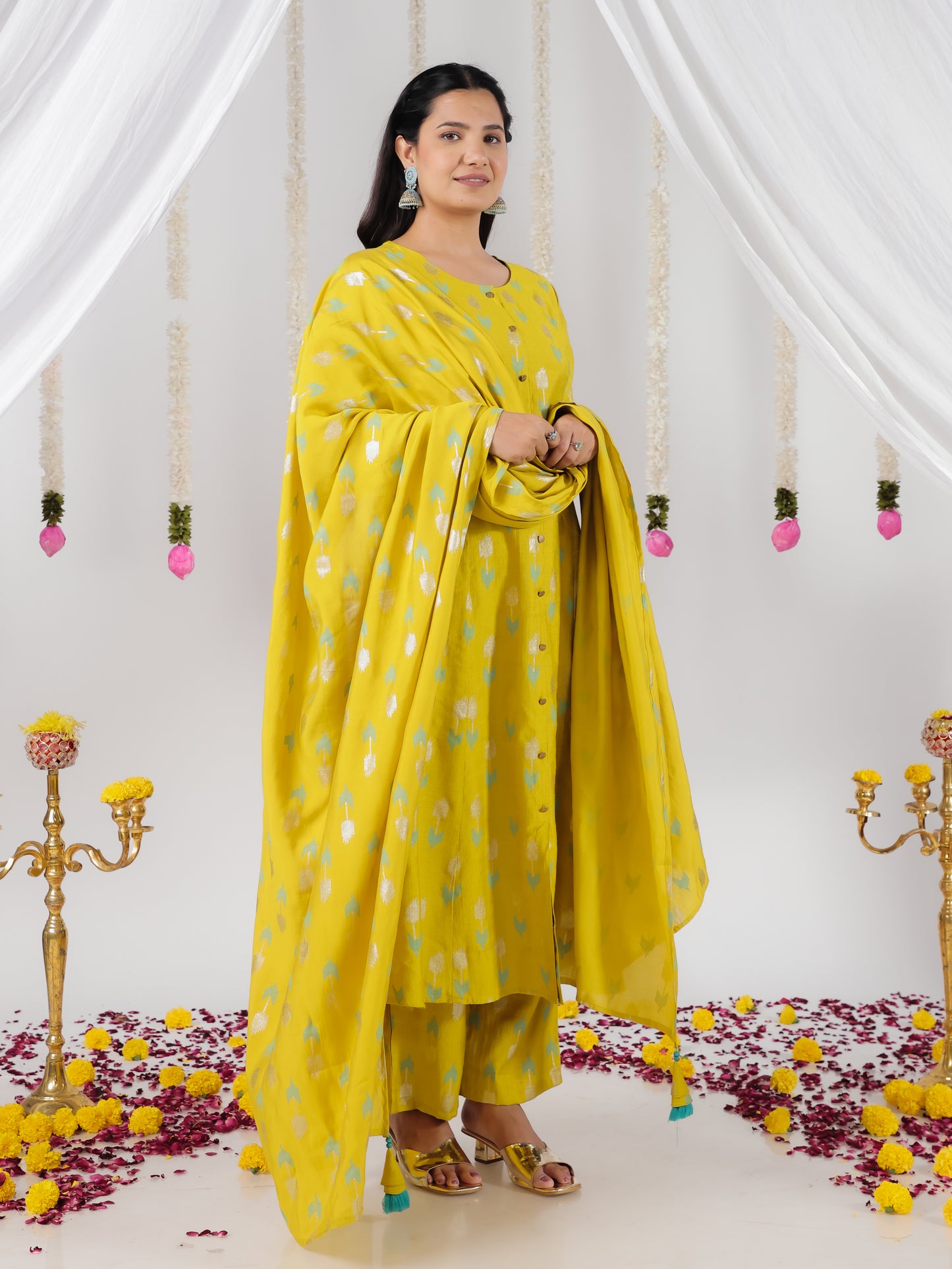 Chanderi Geometric A-line Lime Green Kurta