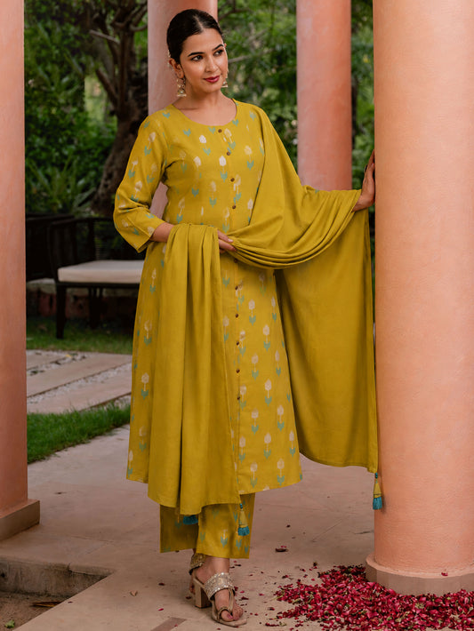Chanderi Geometric Lime Green Dupatta