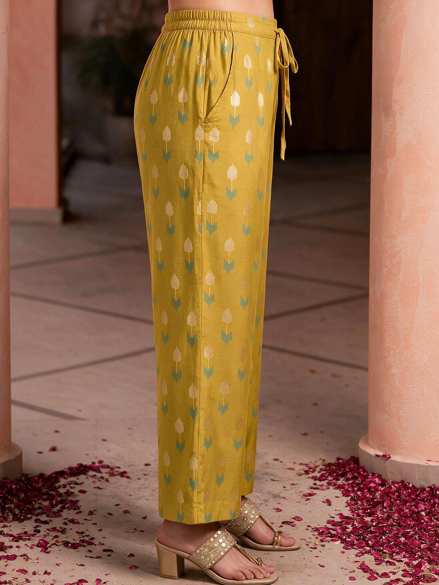 Chanderi Geometric Lime Green Straight Trousers