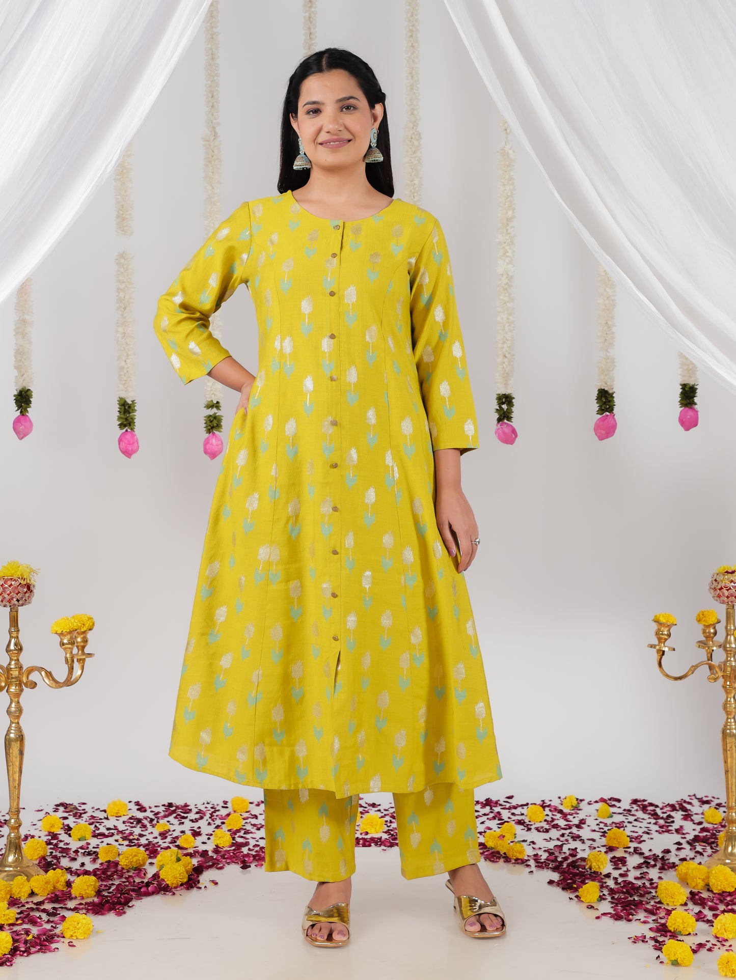 Chanderi Geometric A-line Lime Green Kurta