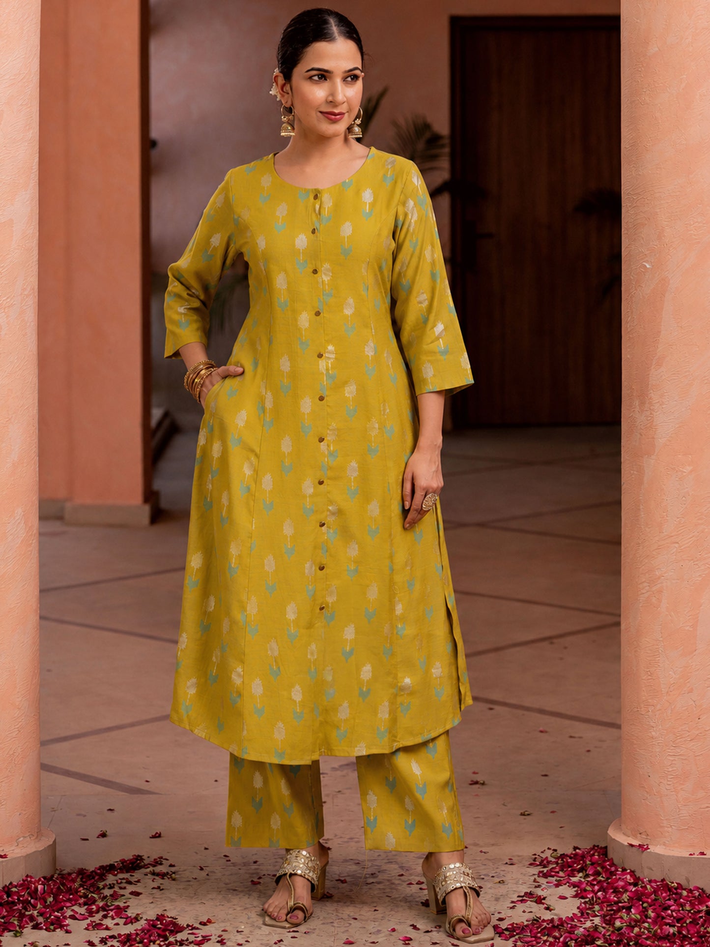 Roman Silk Geometric A-line Lime Green Kurta