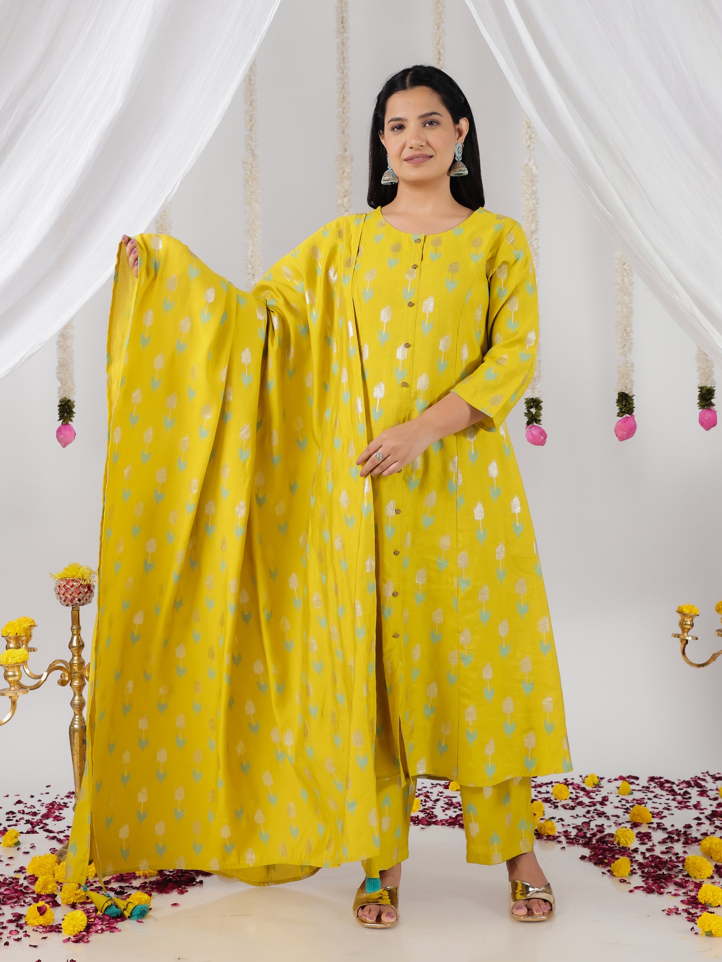 Chanderi Geometric A-line Lime Green Kurta