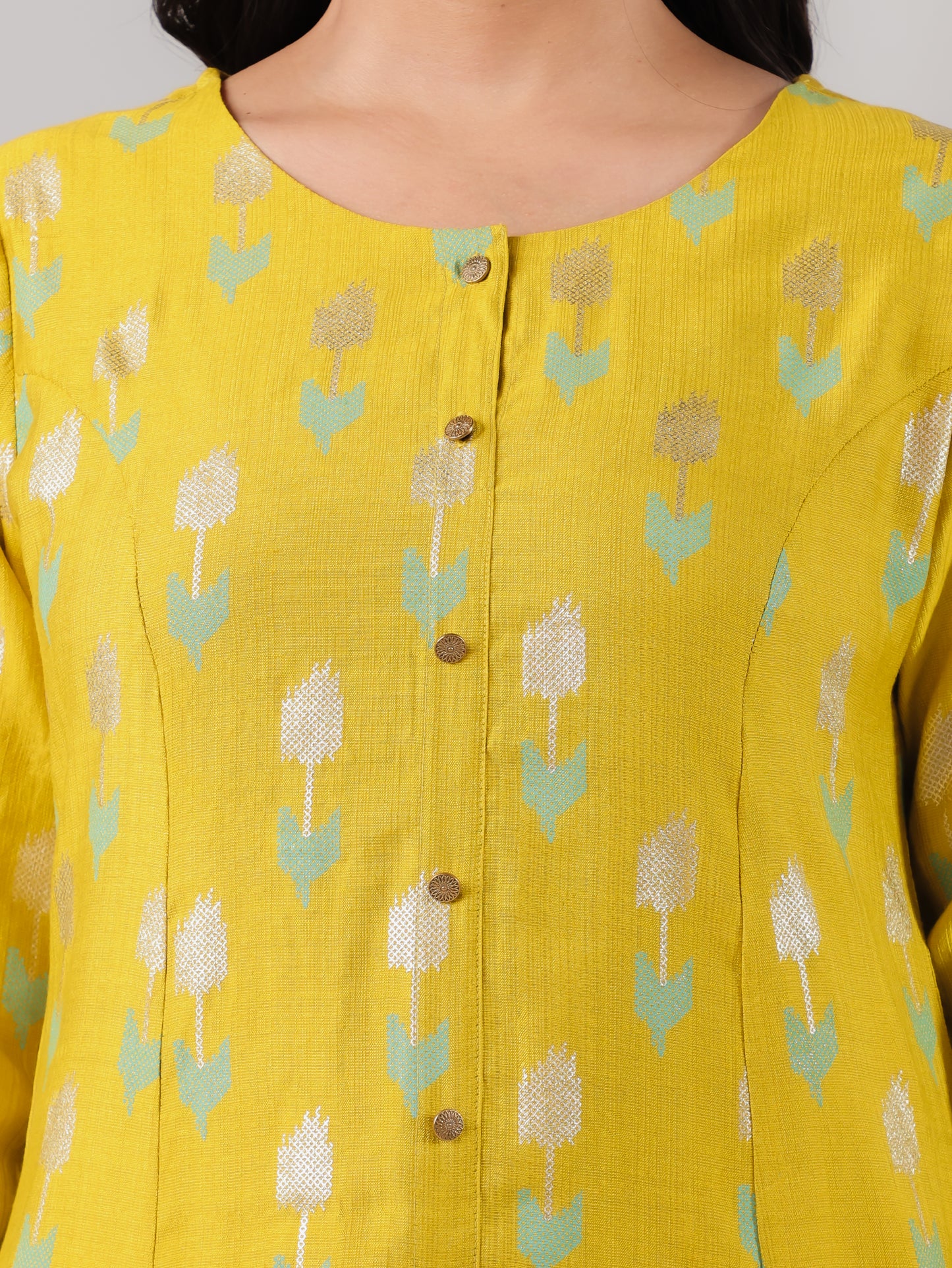 Chanderi Geometric A-line Lime Green Kurta