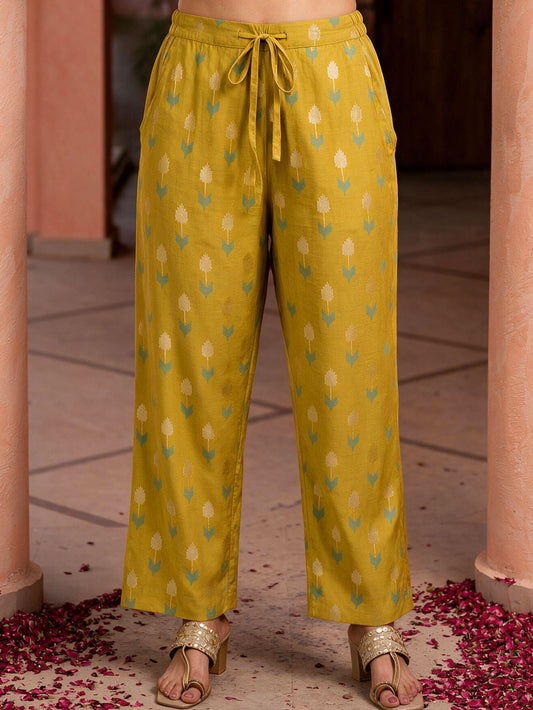 Chanderi Geometric Lime Green Straight Trousers