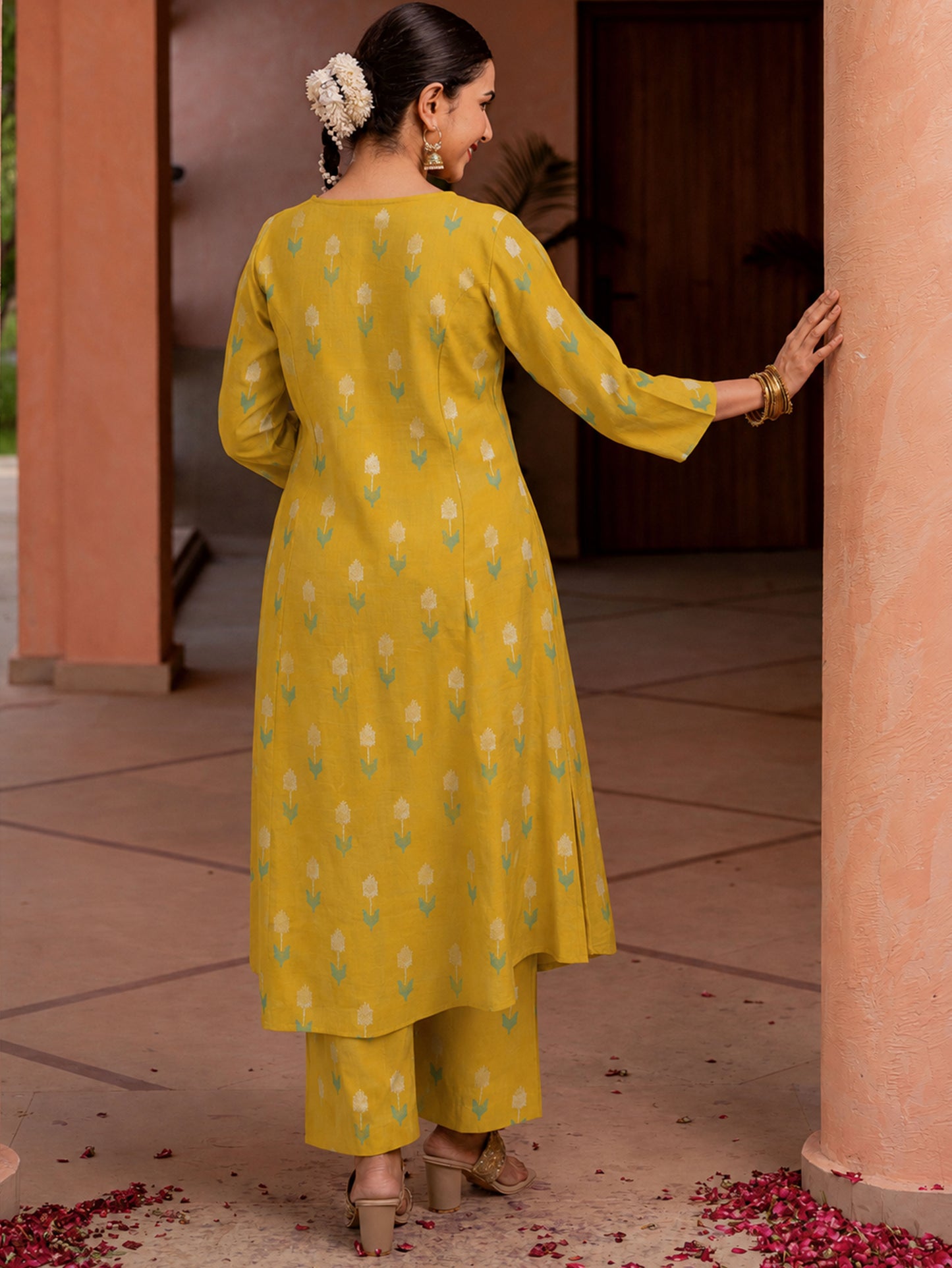 Roman Silk Geometric A-line Lime Green Kurta