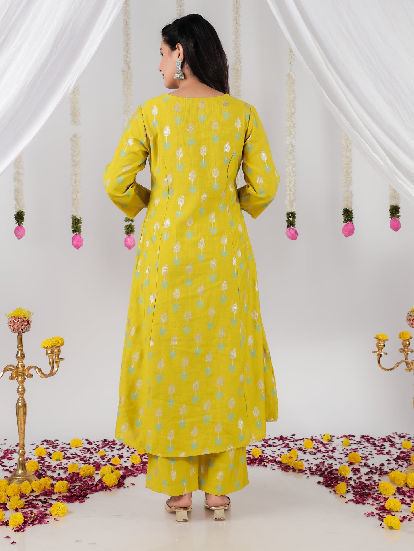 Chanderi Geometric A-line Lime Green Kurta