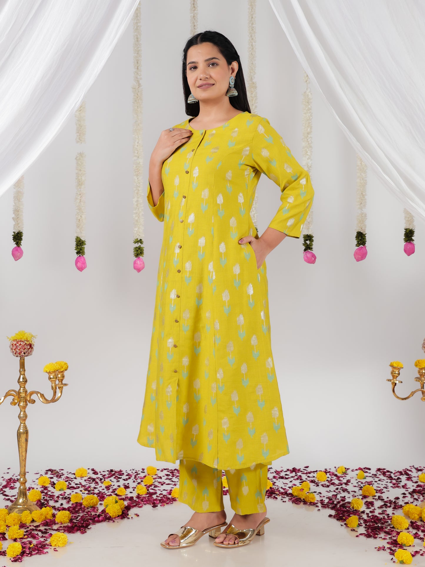 Chanderi Geometric A-line Lime Green Kurta
