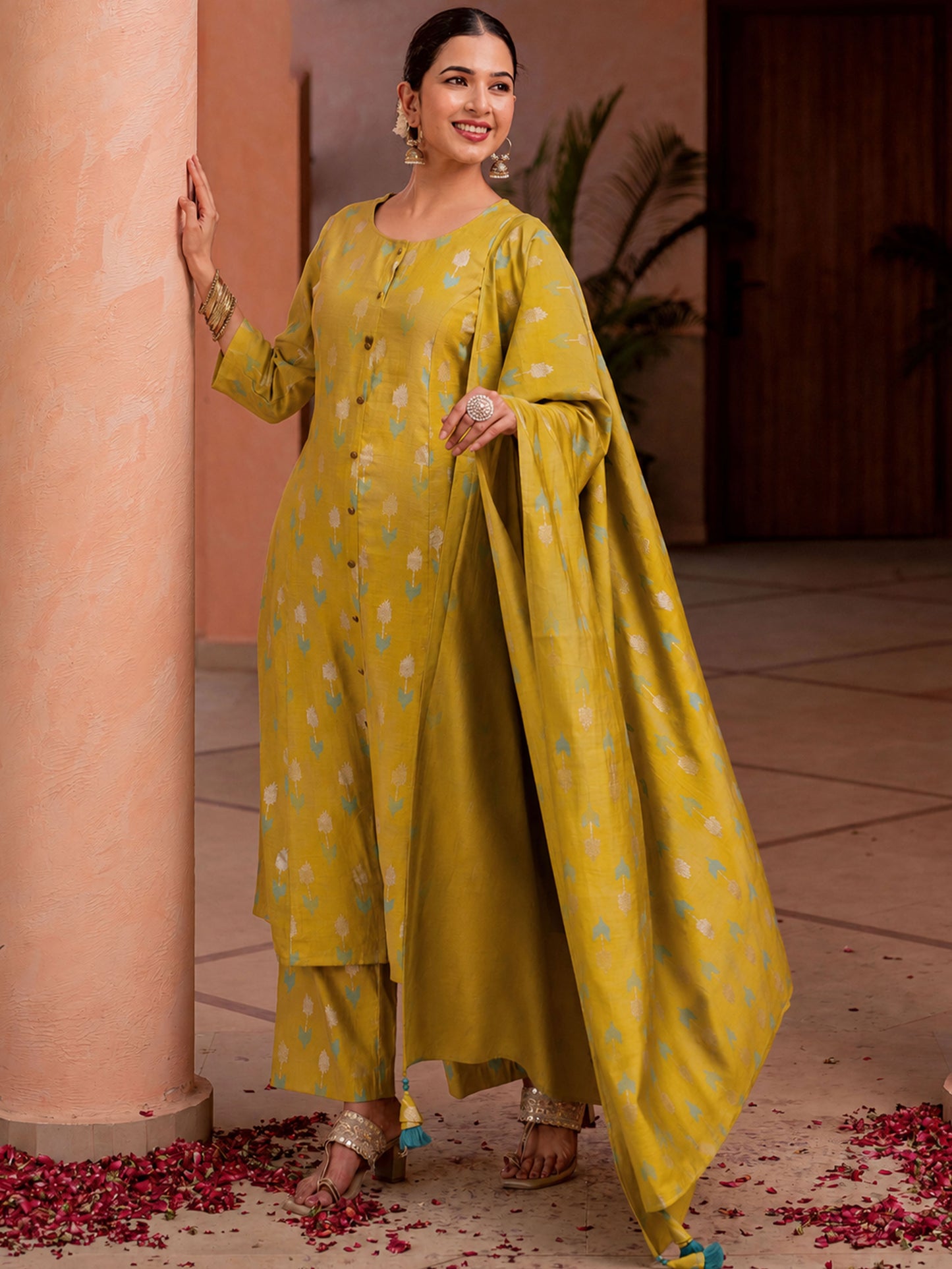 Chanderi Geometric Lime Green Dupatta