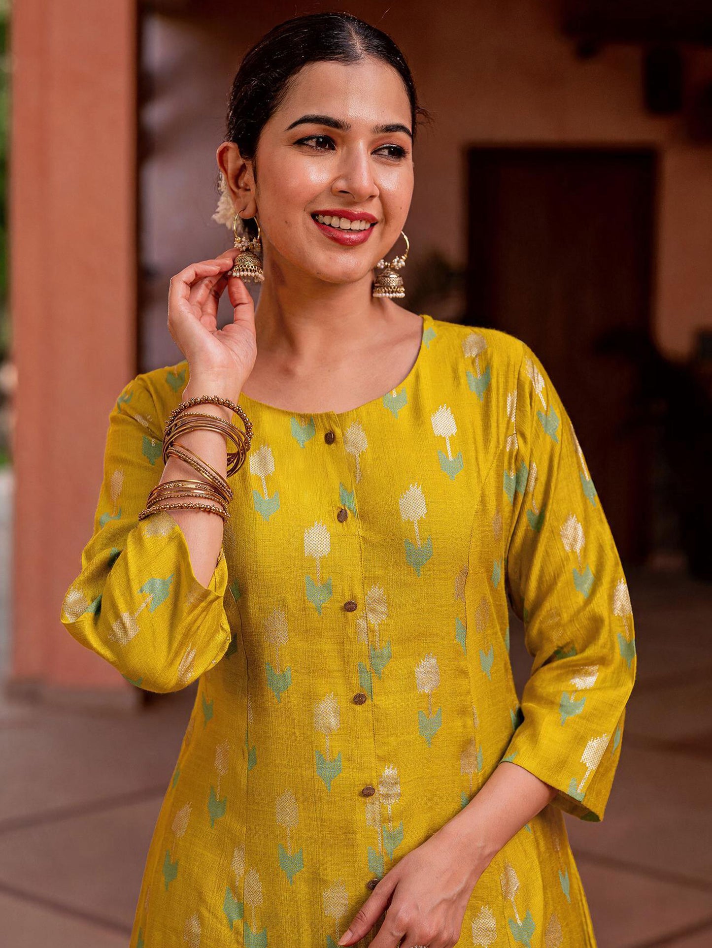 Roman Silk Geometric A-line Lime Green Kurta