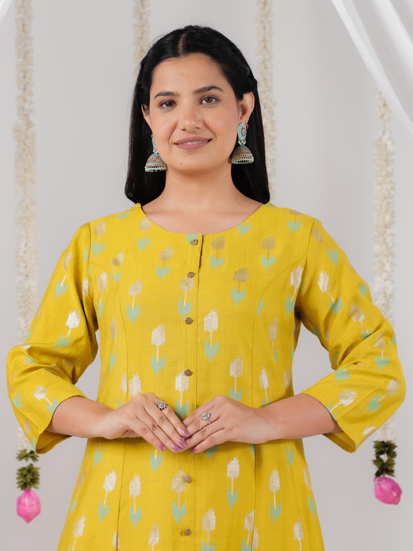 Chanderi Geometric A-line Lime Green Kurta