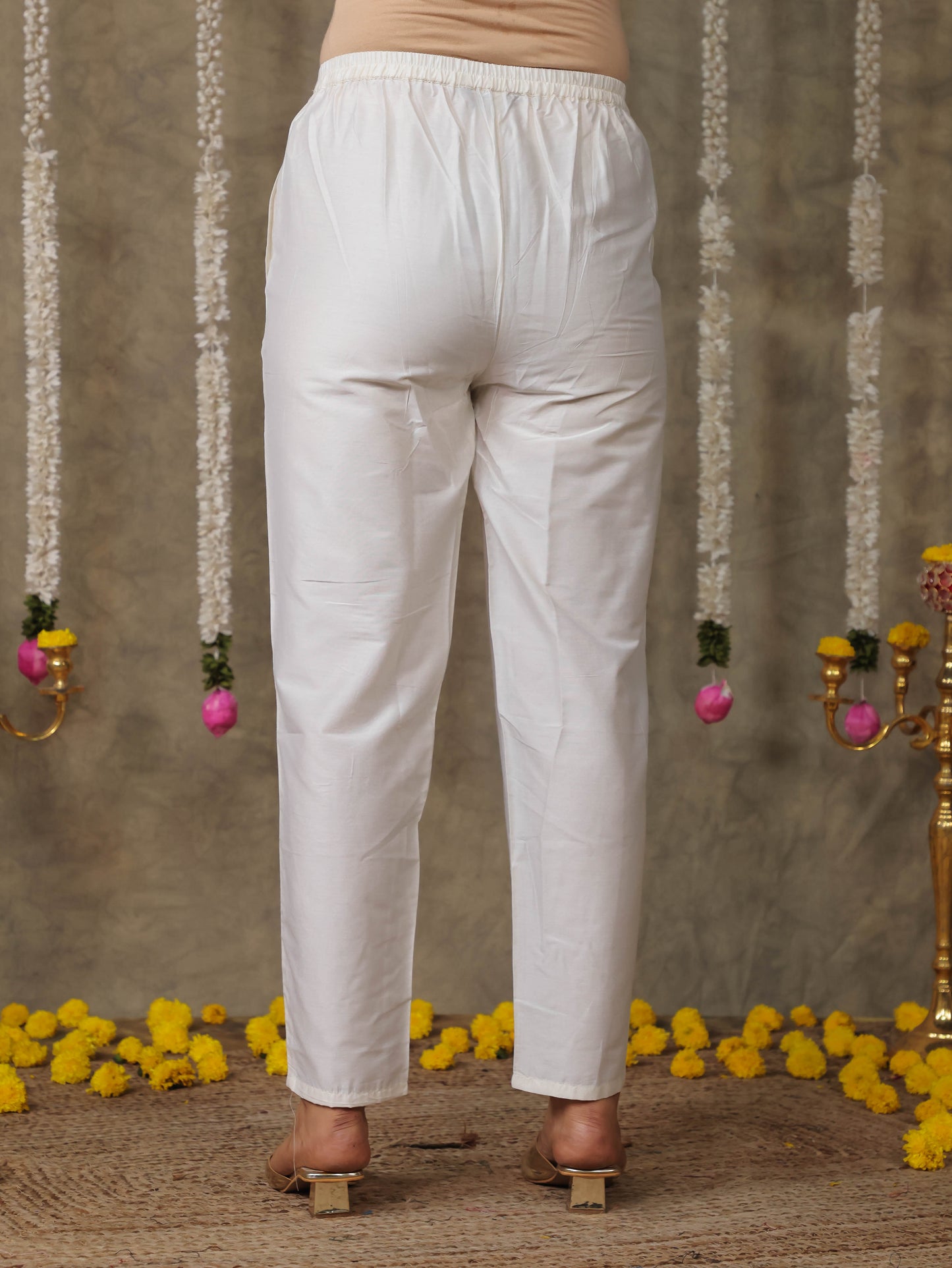 Chanderi Solid Off White Tapered Trousers