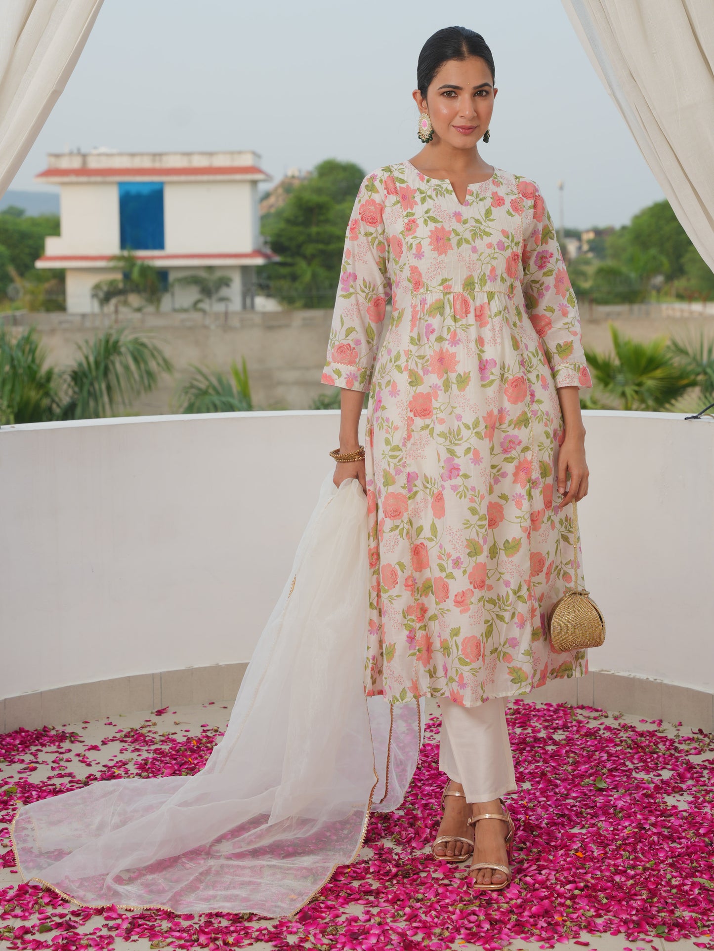Chanderi Floral Flared Off White Kurta