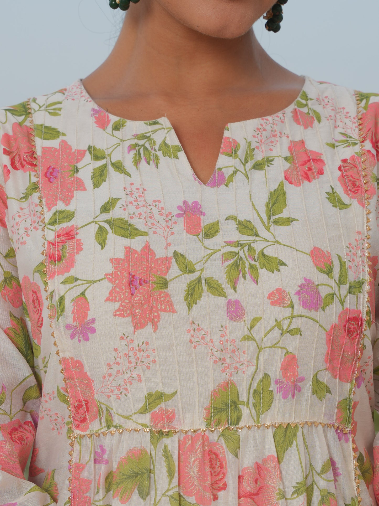 Chanderi Floral Flared Off White Kurta
