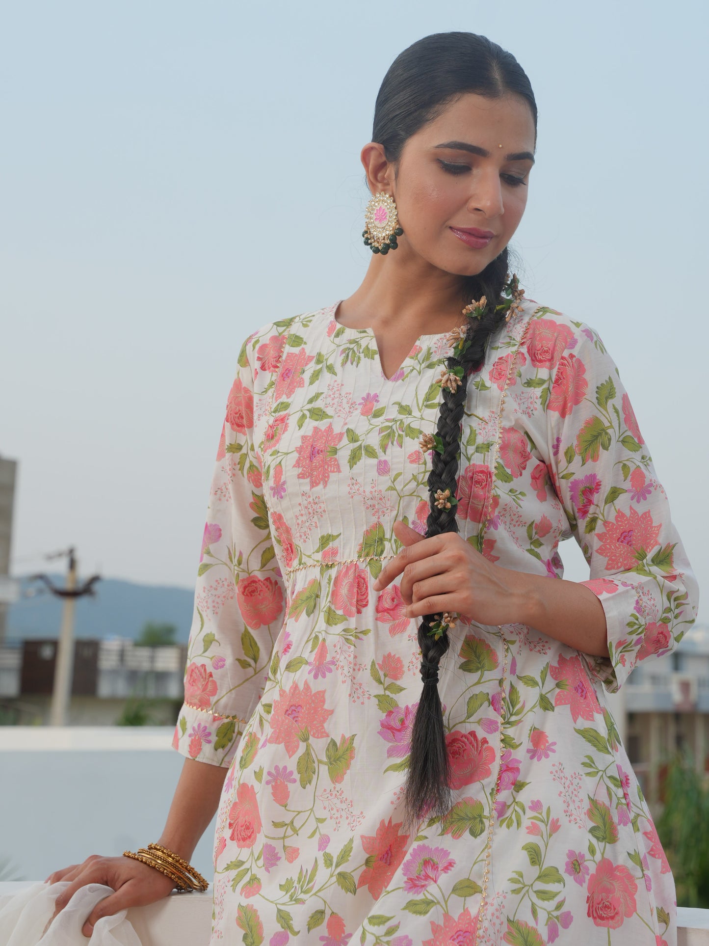 Chanderi Floral Flared Off White Kurta