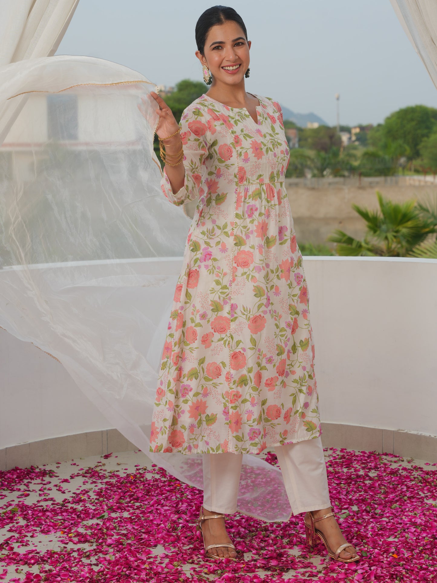 Chanderi Floral Flared Off White Kurta