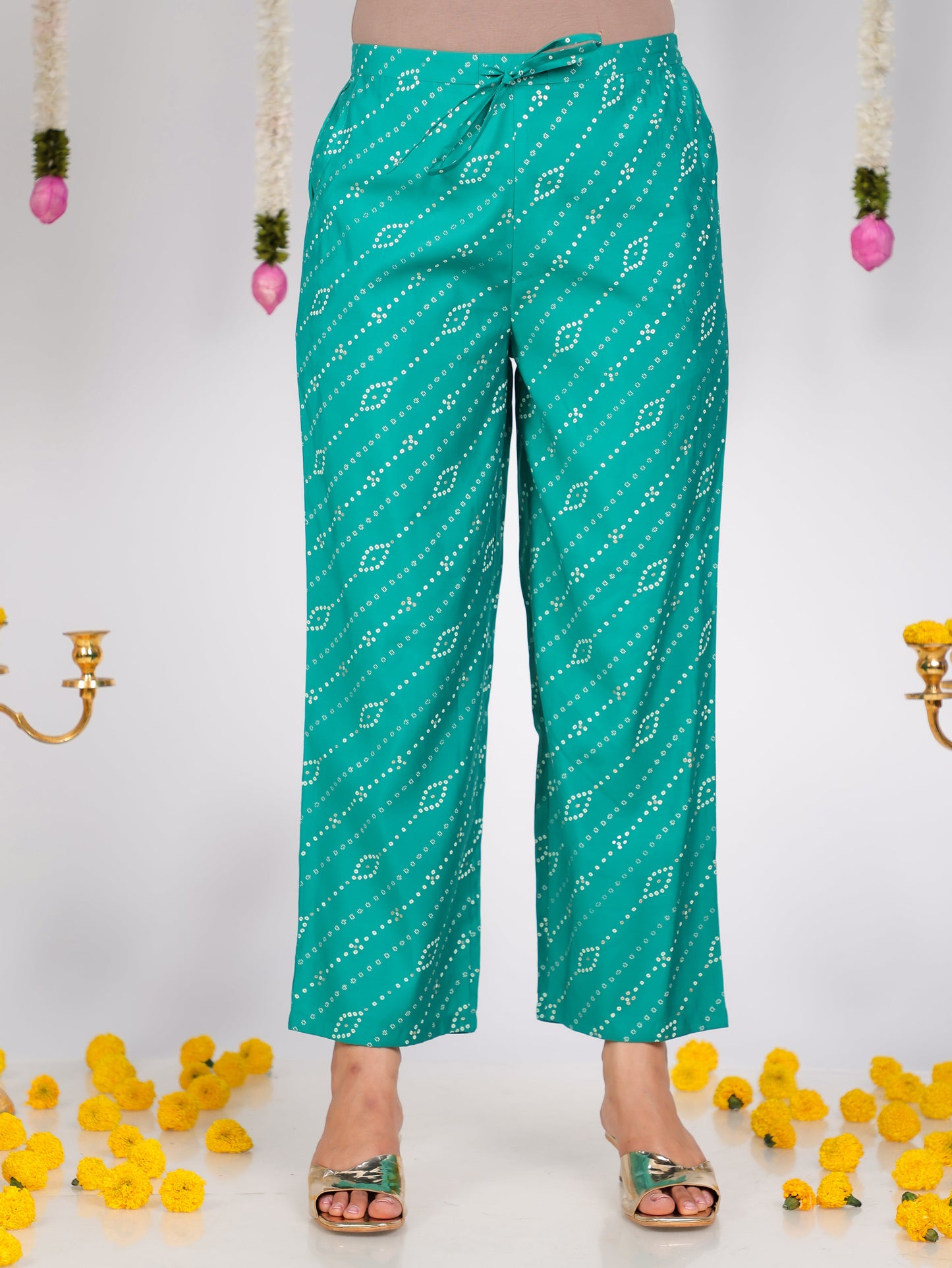 Chanderi Bandhani Sea Green Straight Trousers