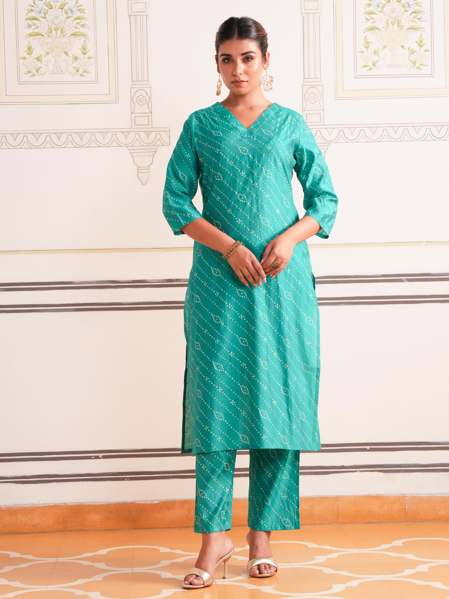 Roman Silk Bandhani Straight Sea Green Kurta