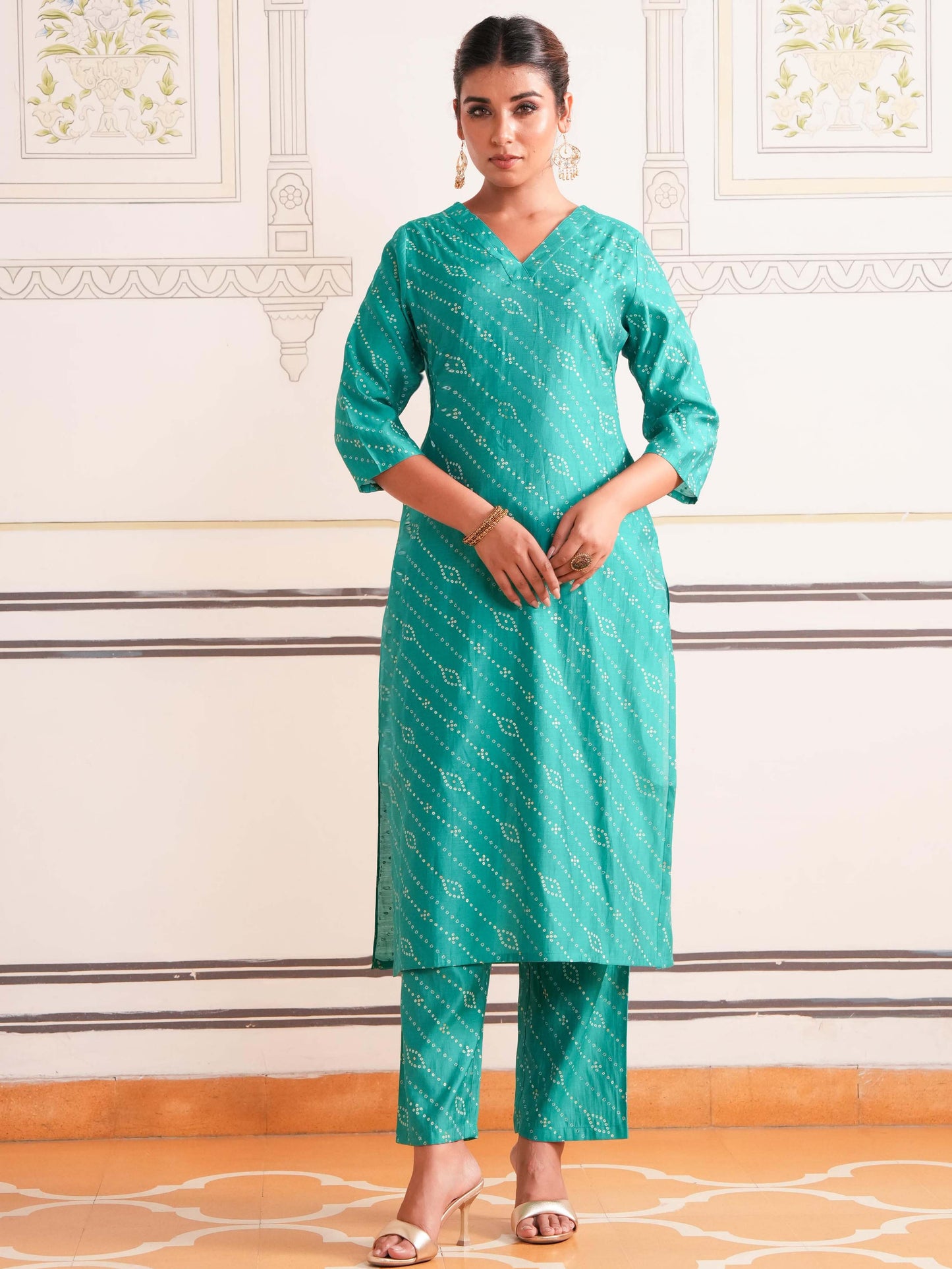 Chanderi Bandhani Straight Sea Green Kurta