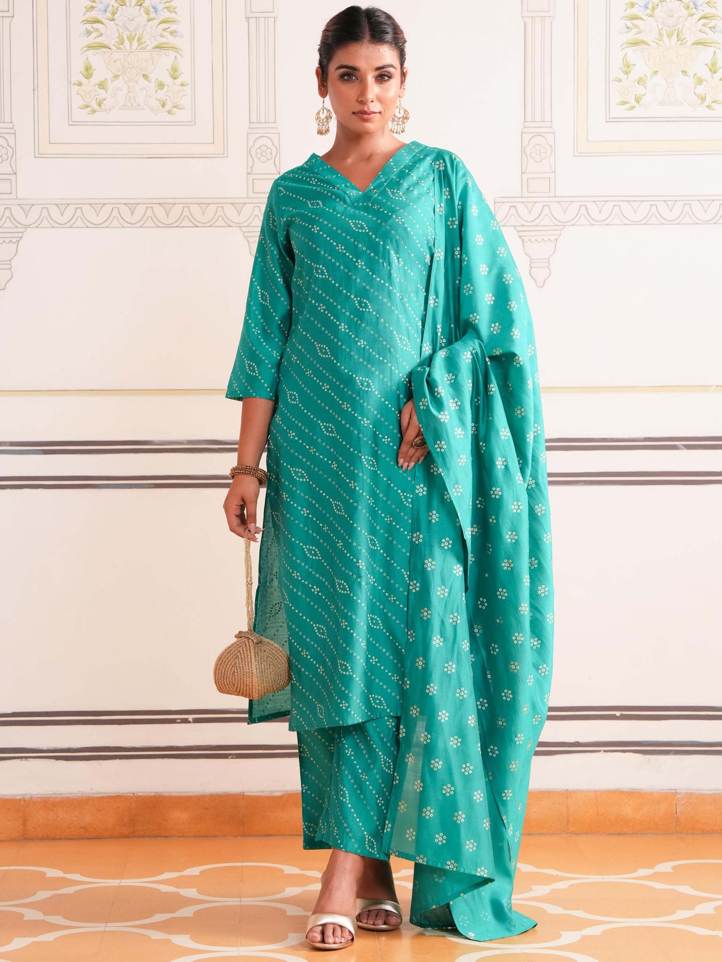 Chanderi Bandhani Straight Sea Green Kurta