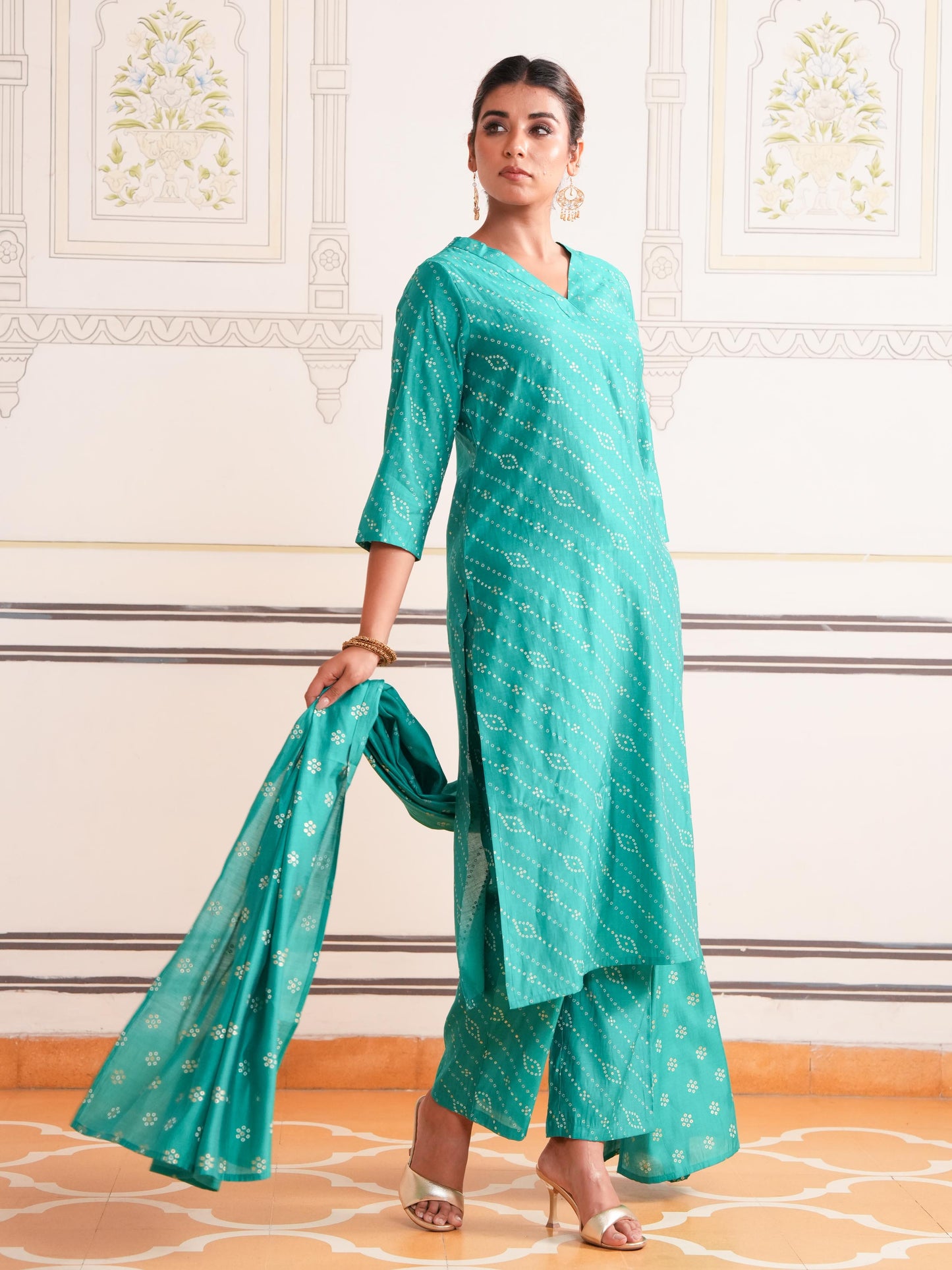 Roman Silk Bandhani Straight Sea Green Kurta