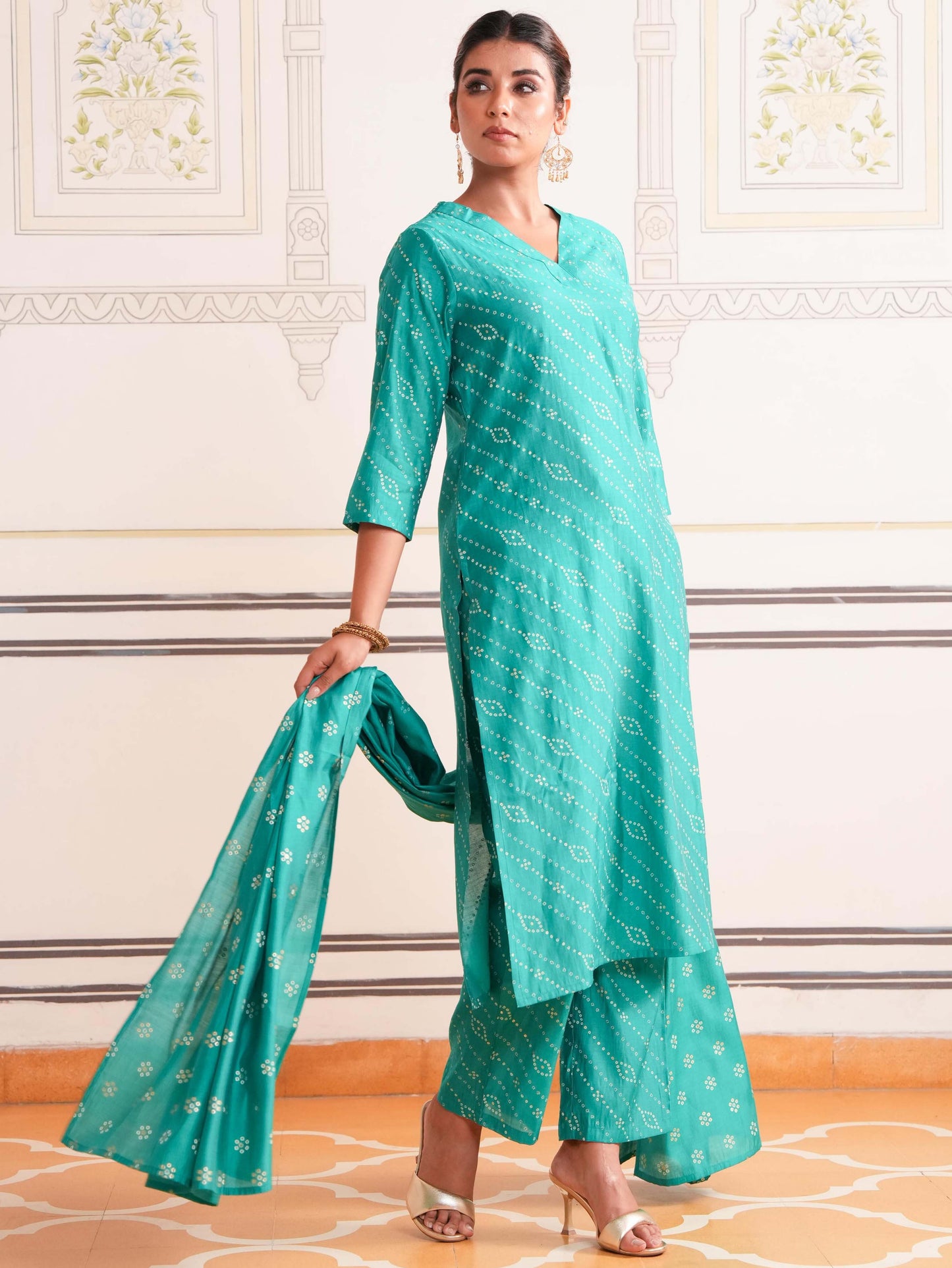 Chanderi Bandhani Straight Sea Green Kurta