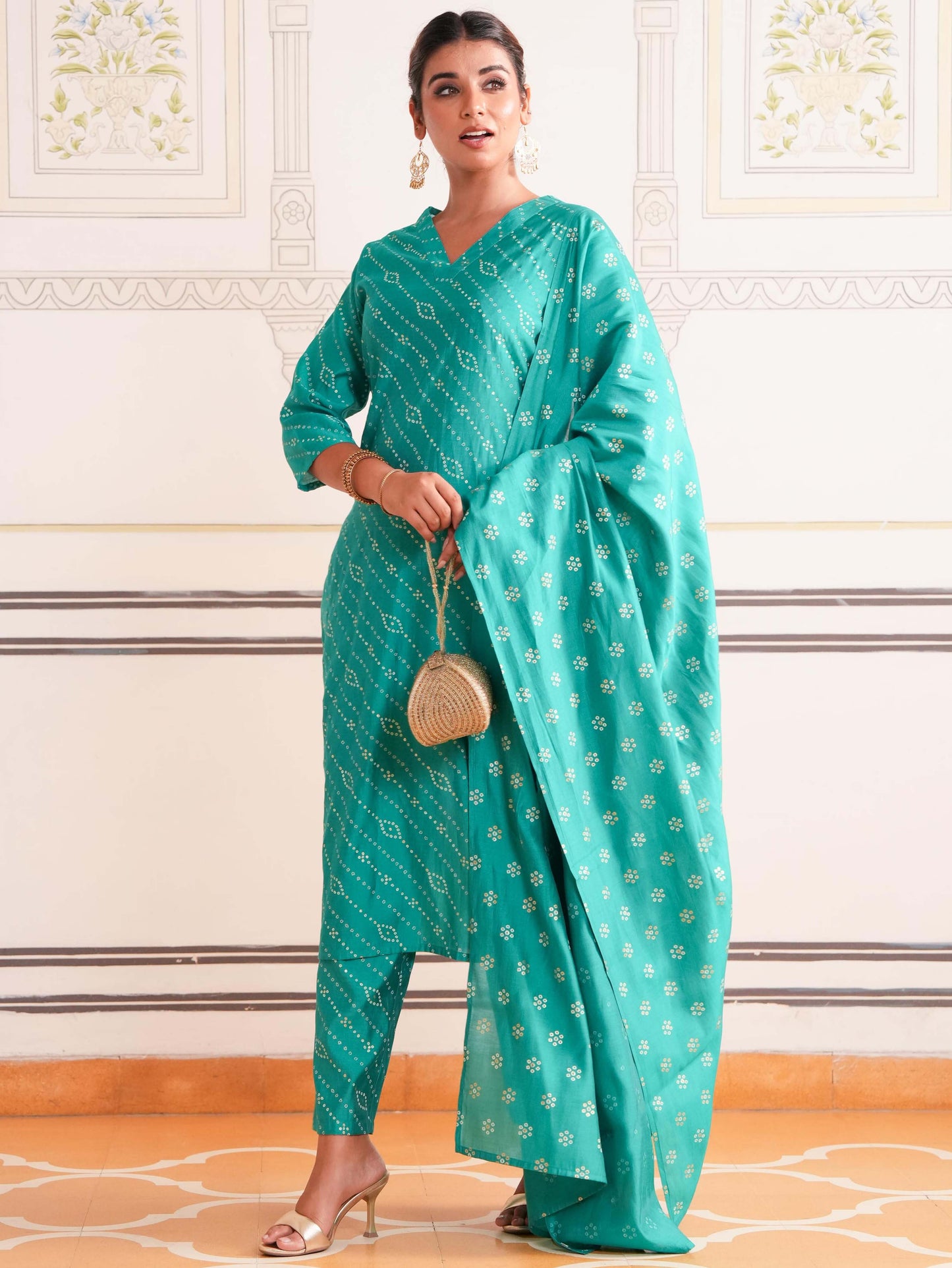 Chanderi Bandhani Straight Sea Green Kurta