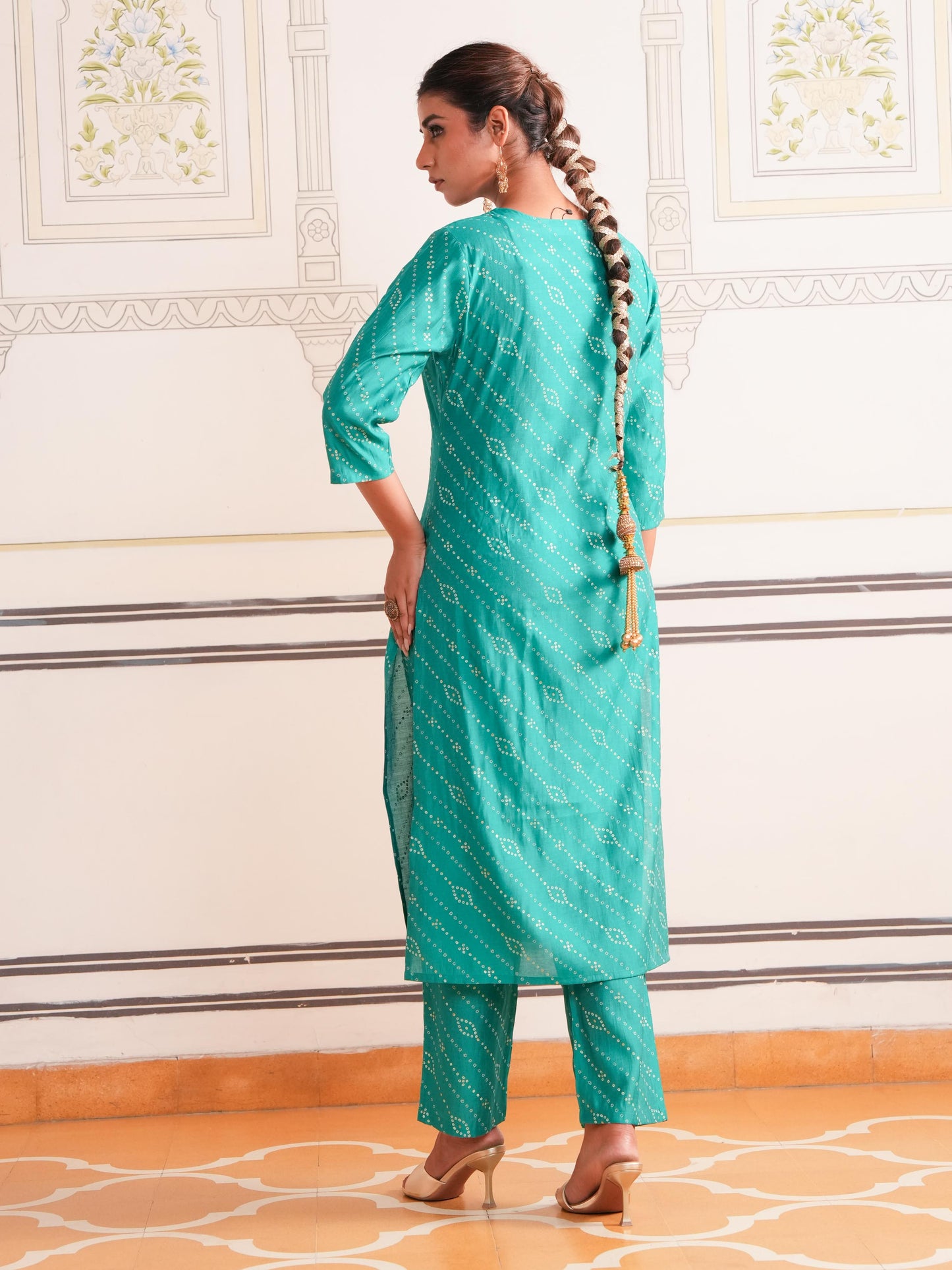 Chanderi Bandhani Straight Sea Green Kurta