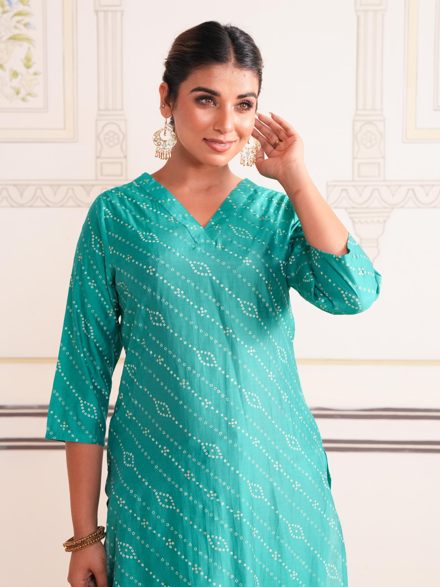 Roman Silk Bandhani Straight Sea Green Kurta
