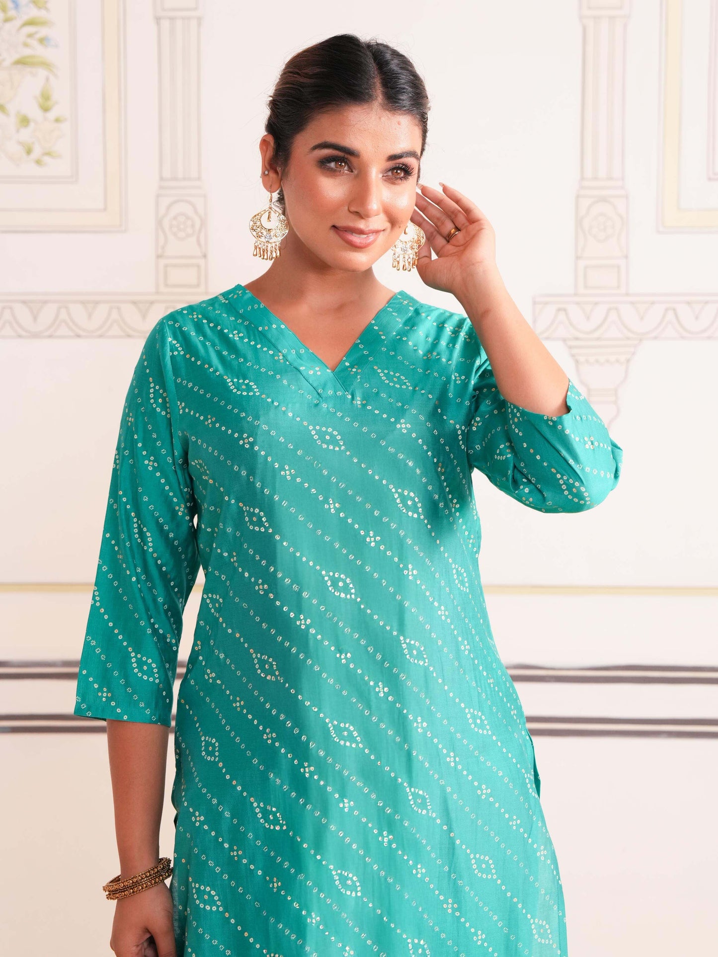 Chanderi Bandhani Straight Sea Green Kurta