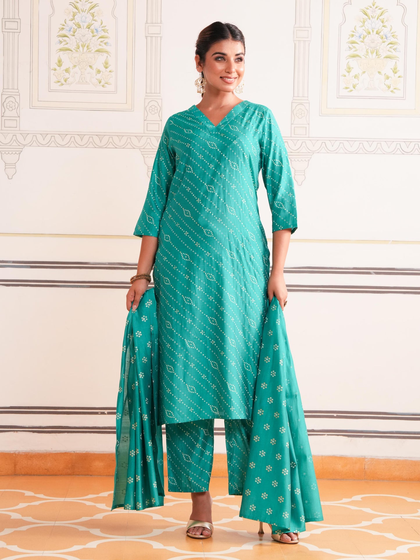 Roman Silk Bandhani Straight Sea Green Kurta