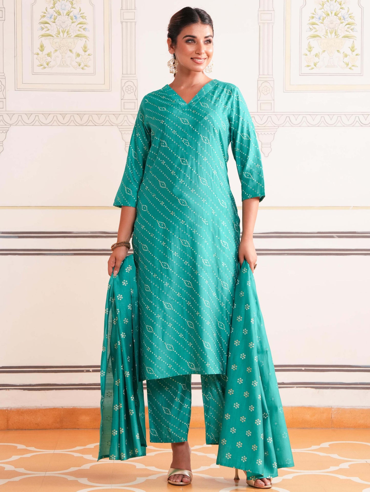 Chanderi Bandhani Straight Sea Green Kurta