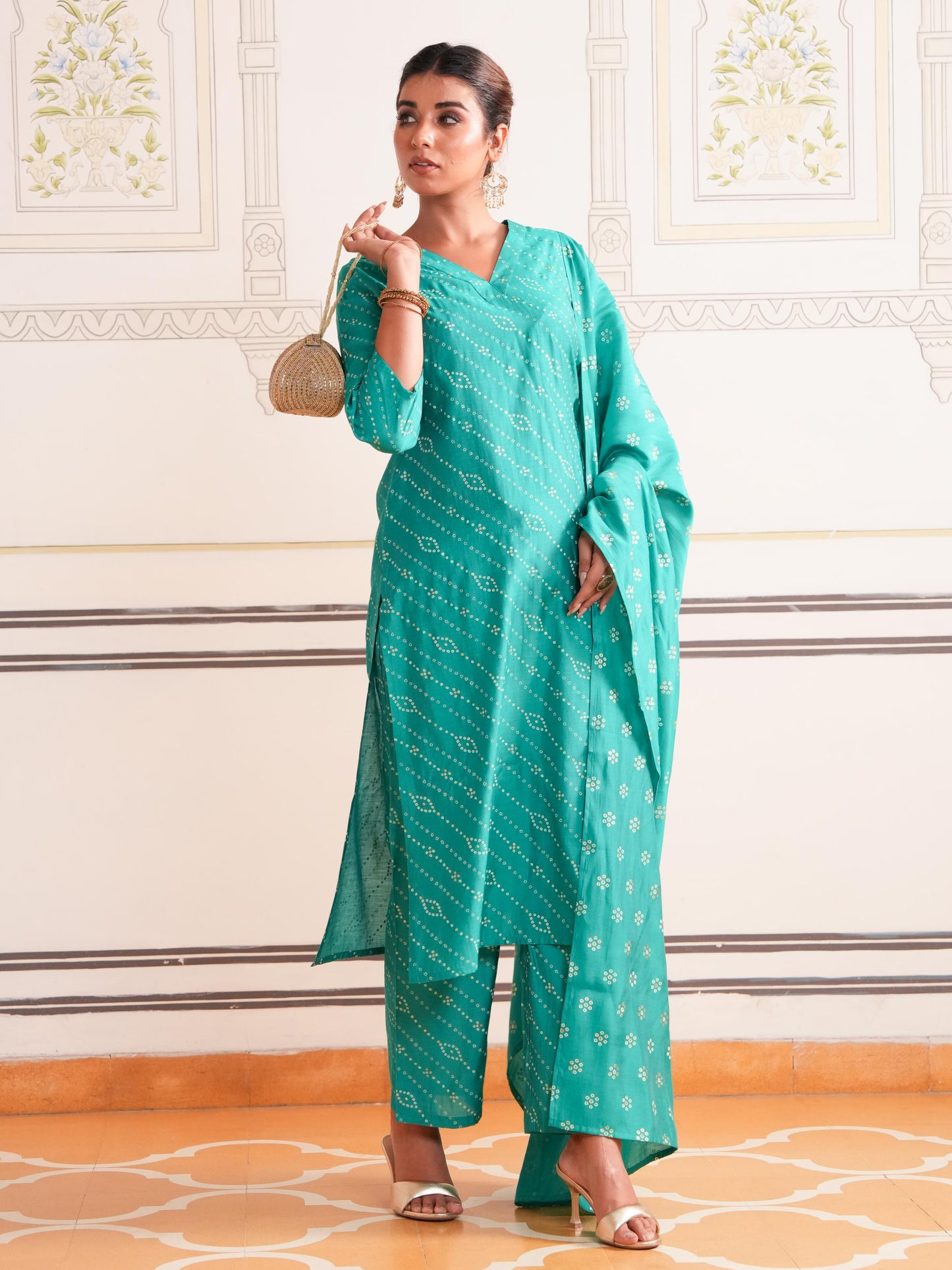 Chanderi Bandhani Straight Sea Green Kurta