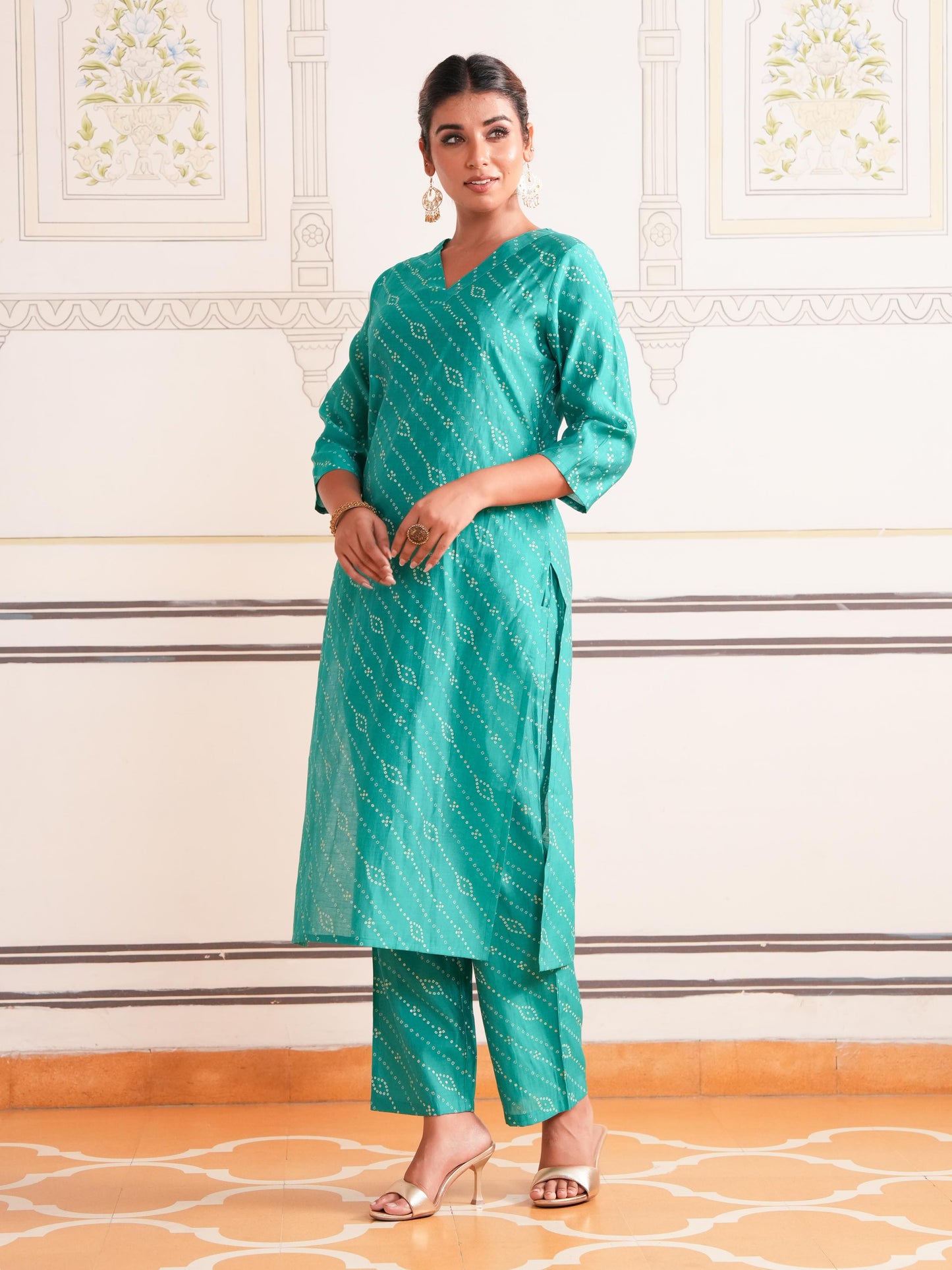 Chanderi Bandhani Straight Sea Green Kurta