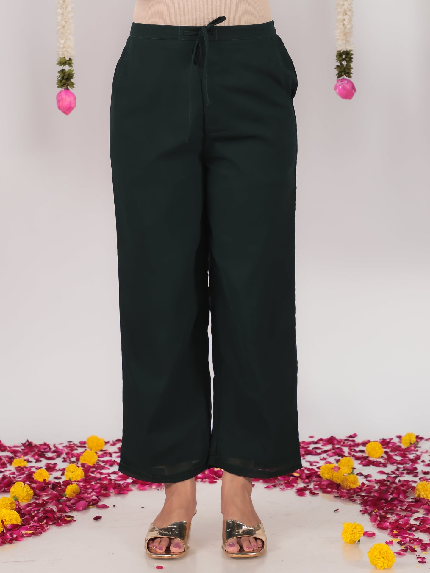 Georgette Solid Green Straight Trousers