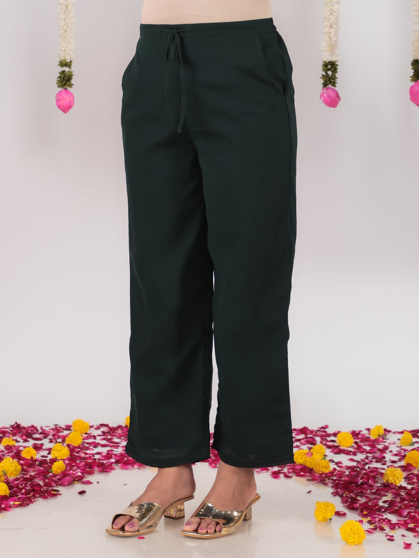 Georgette Solid Green Straight Trousers