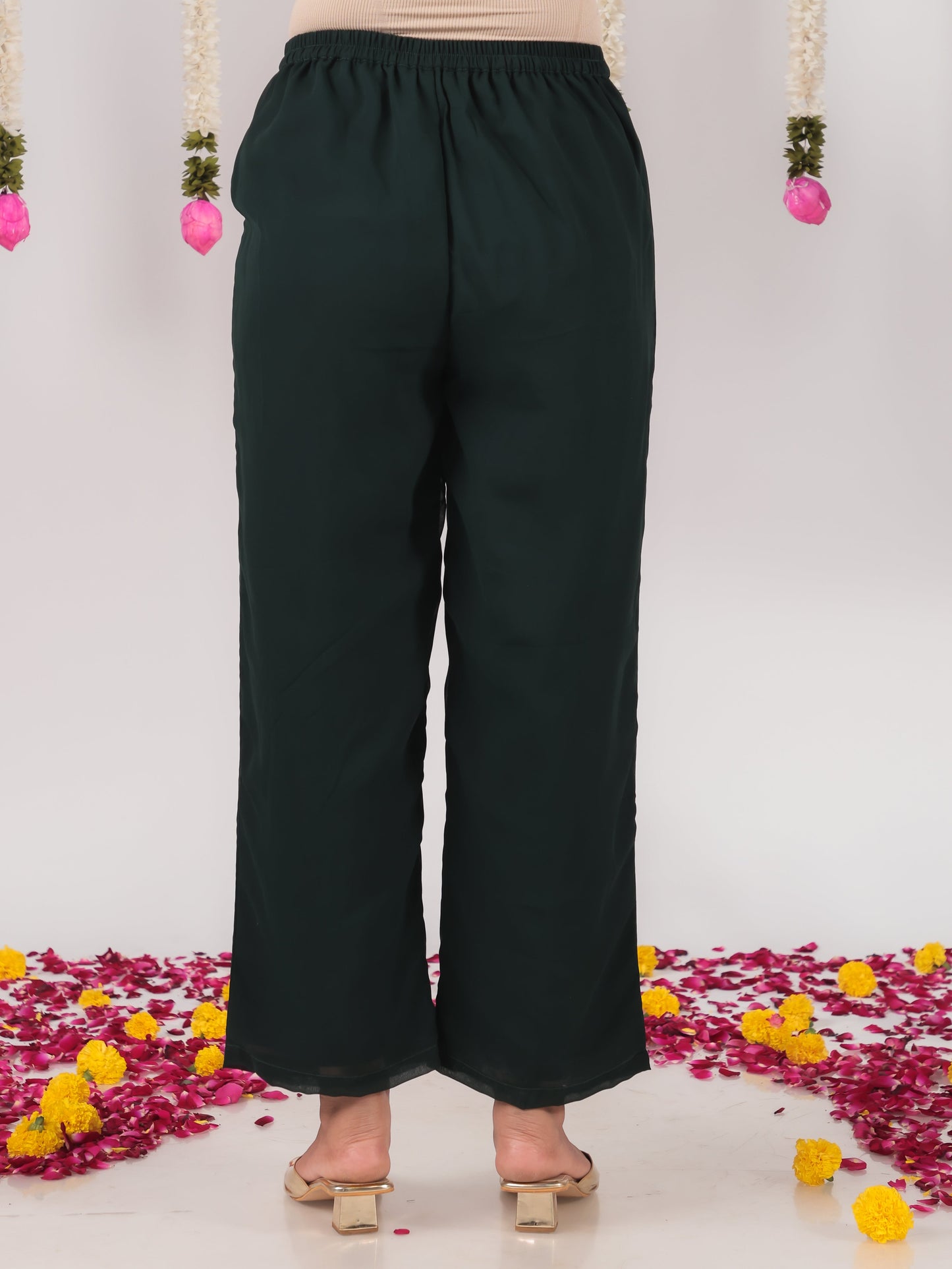 Georgette Solid Green Straight Trousers