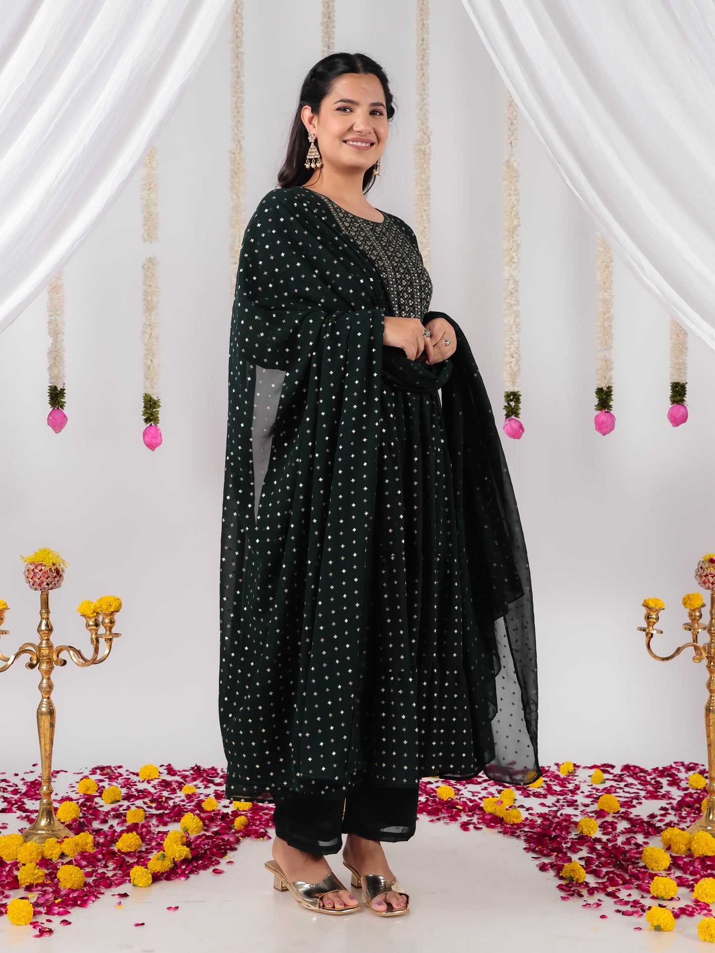 Georgette Solid Anarkali Green Kurta