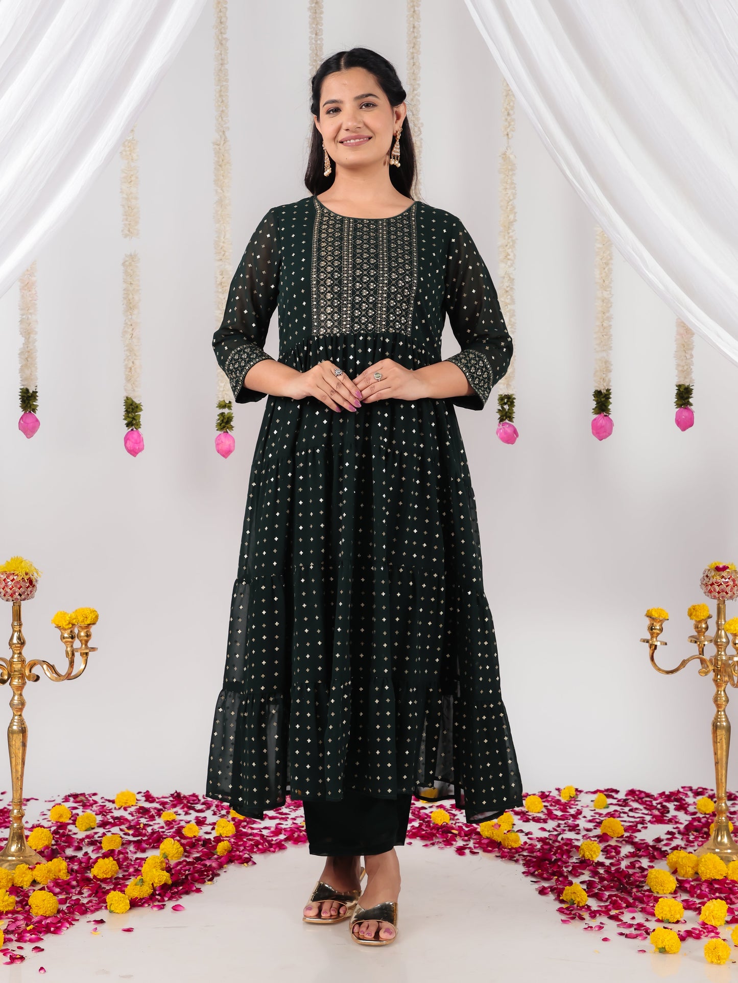 Georgette Solid Anarkali Green Kurta