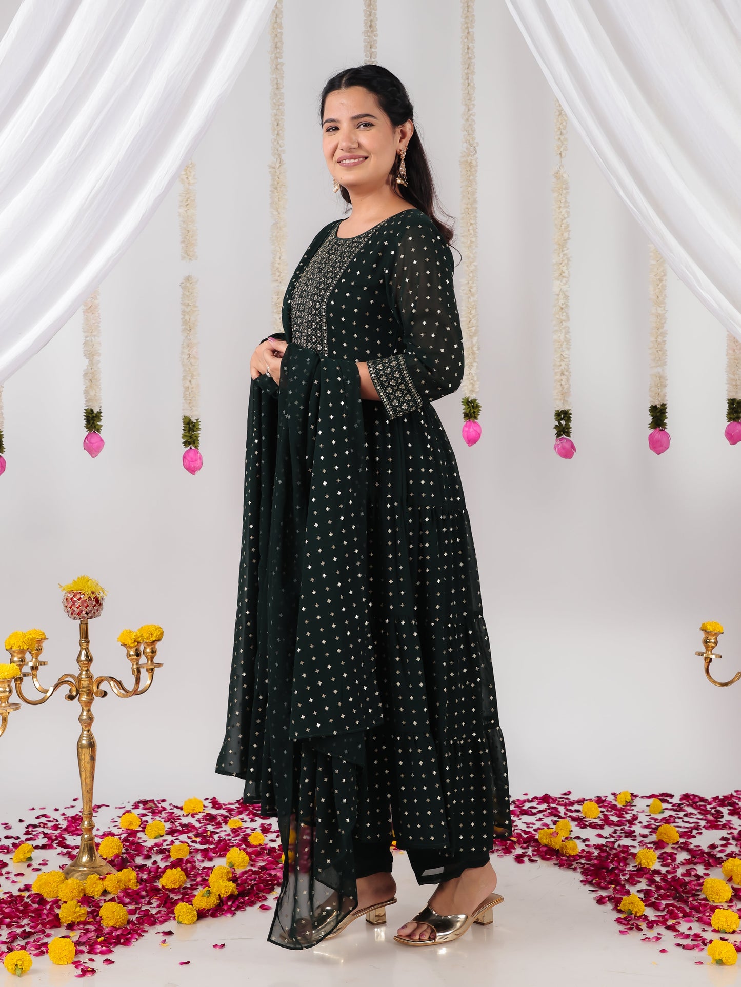 Georgette Solid Anarkali Green Kurta