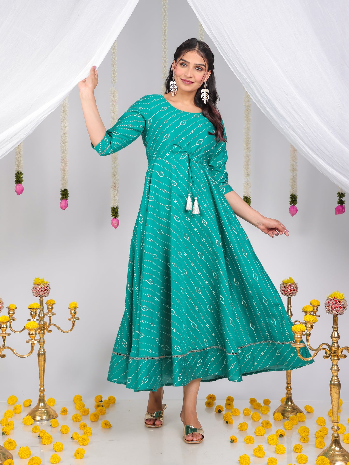 Chanderi Bandhani Teal Dress