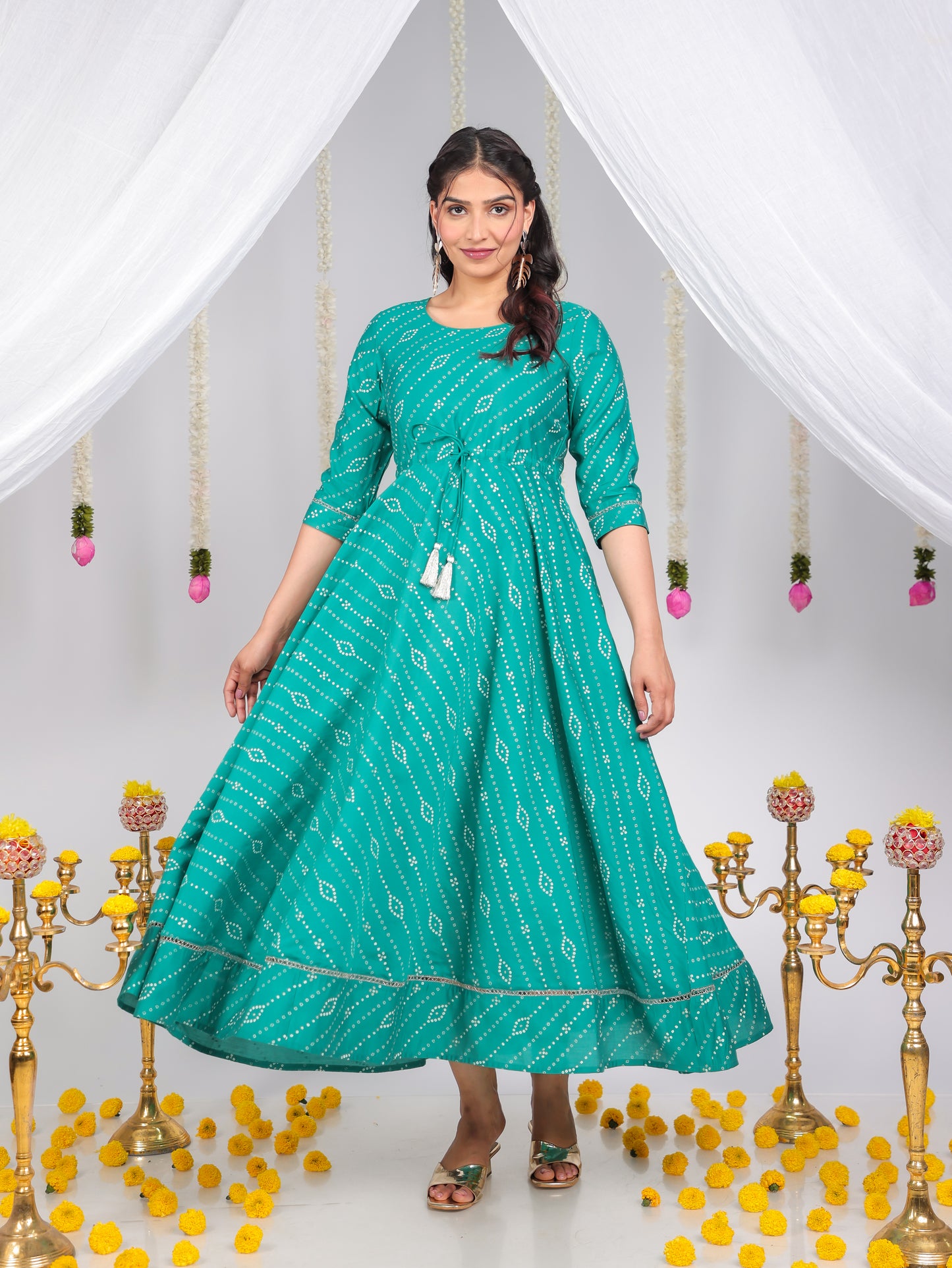 Chanderi Bandhani Teal Dress