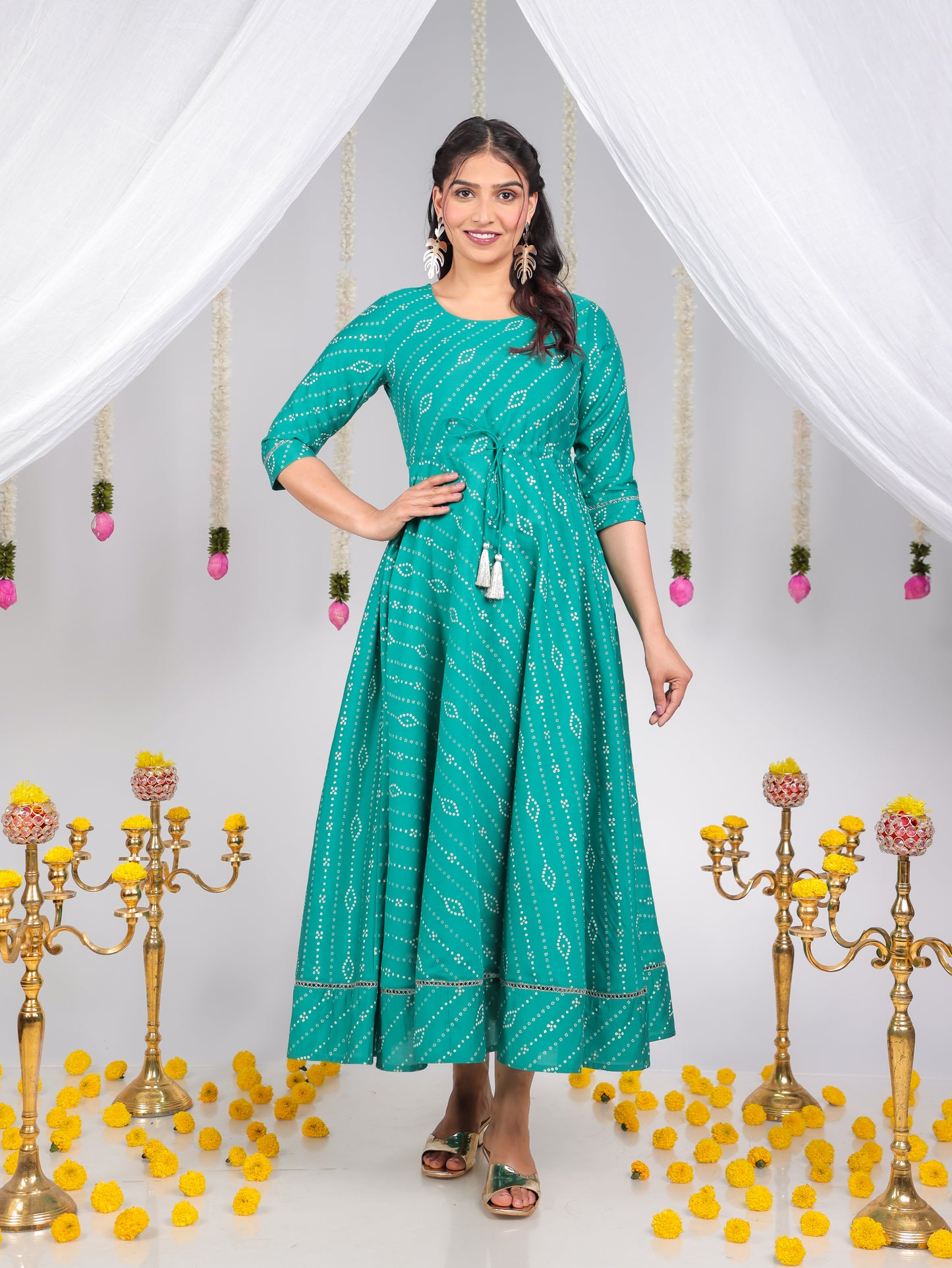 Chanderi Bandhani Teal Dress