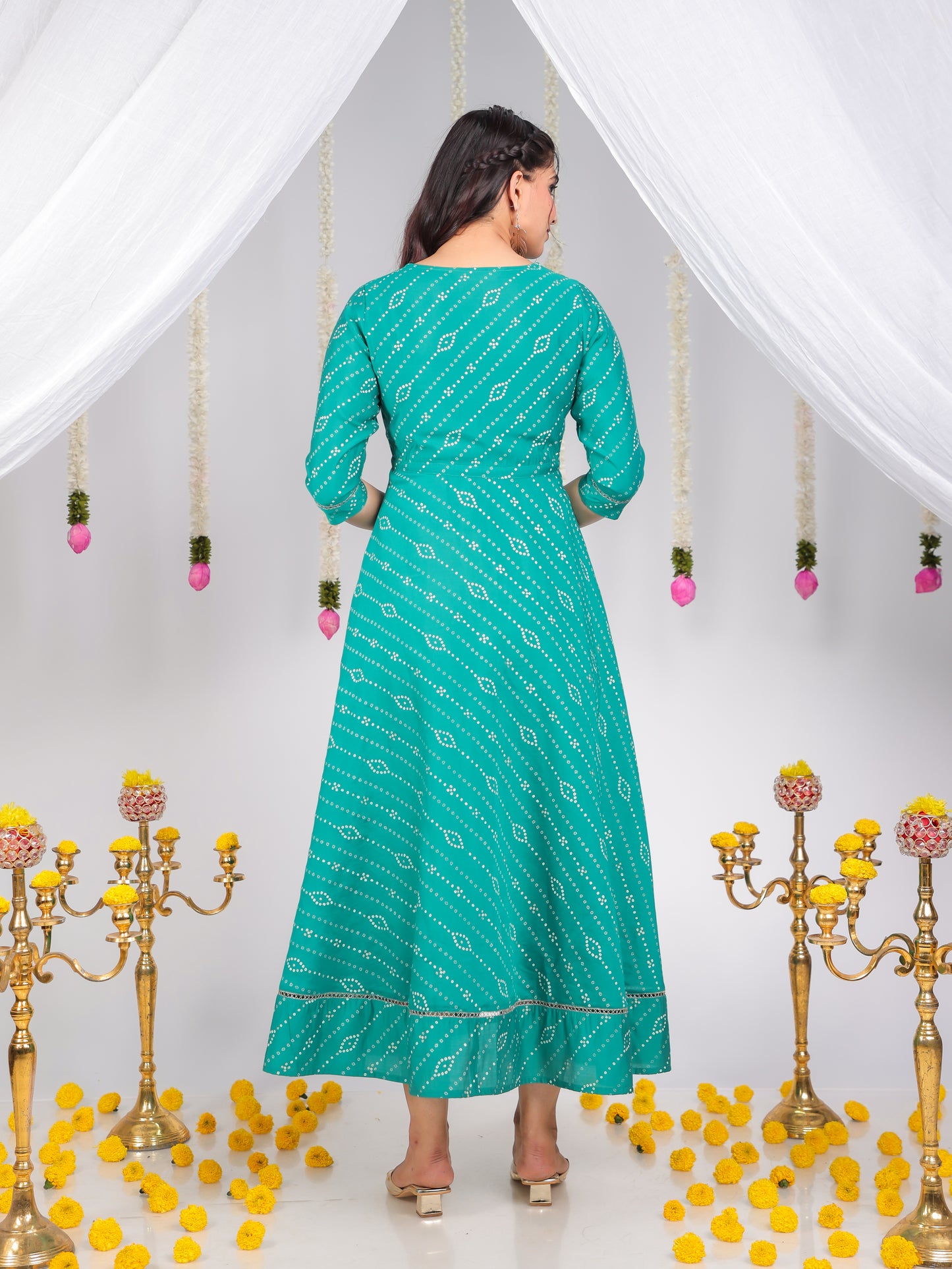 Chanderi Bandhani Teal Dress