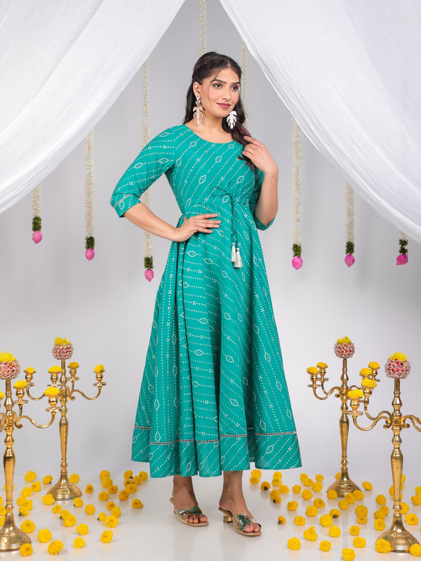 Chanderi Bandhani Teal Dress