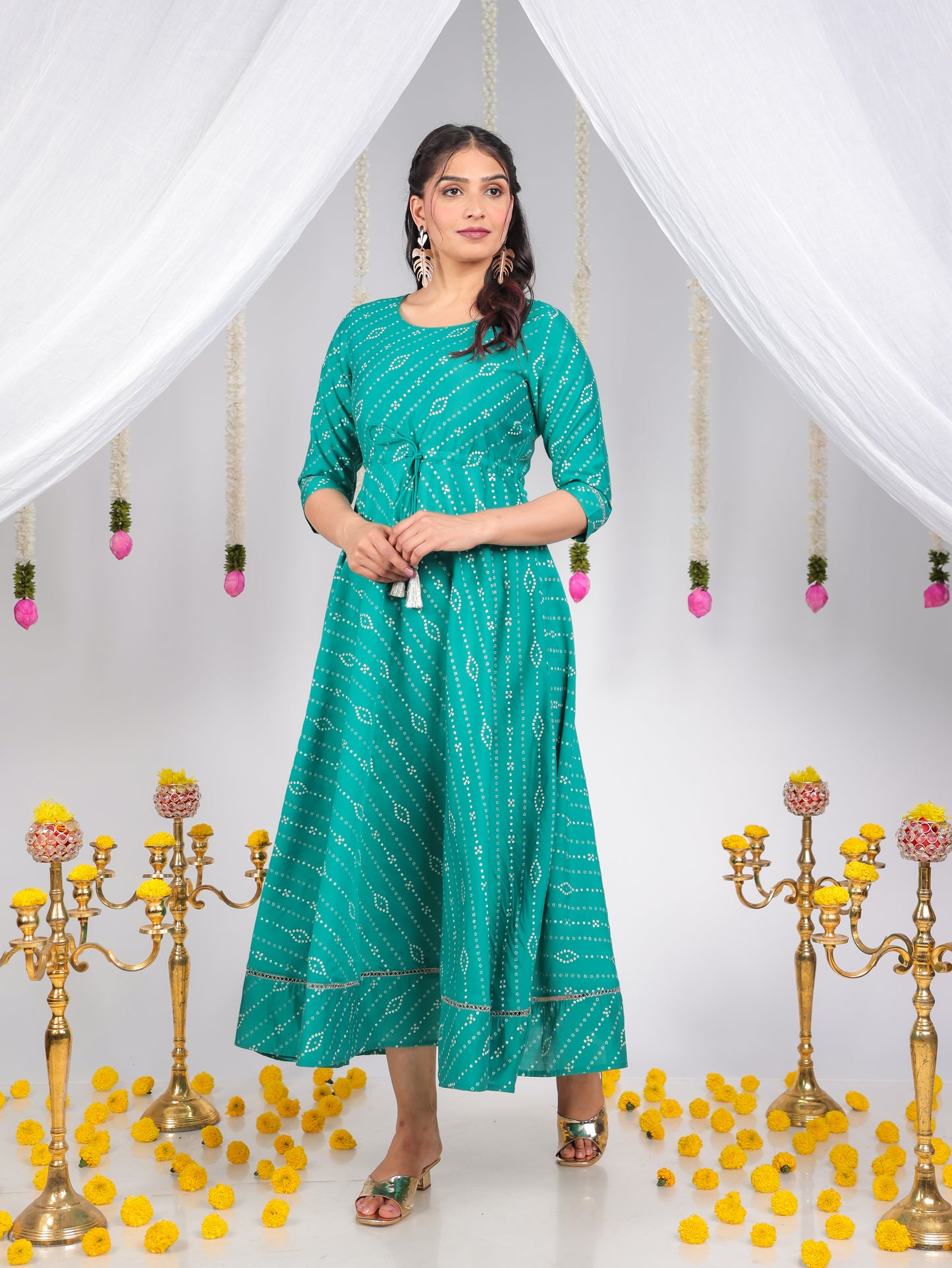 Chanderi Bandhani Teal Dress