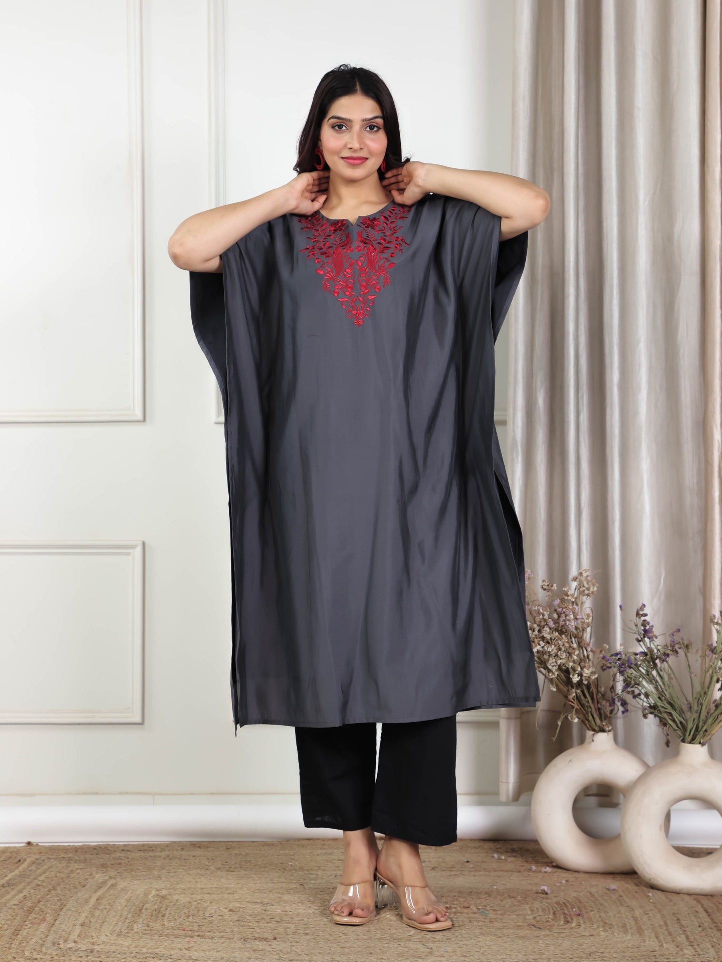 Embroidered Viscose Solid Kaftan Grey Kurta